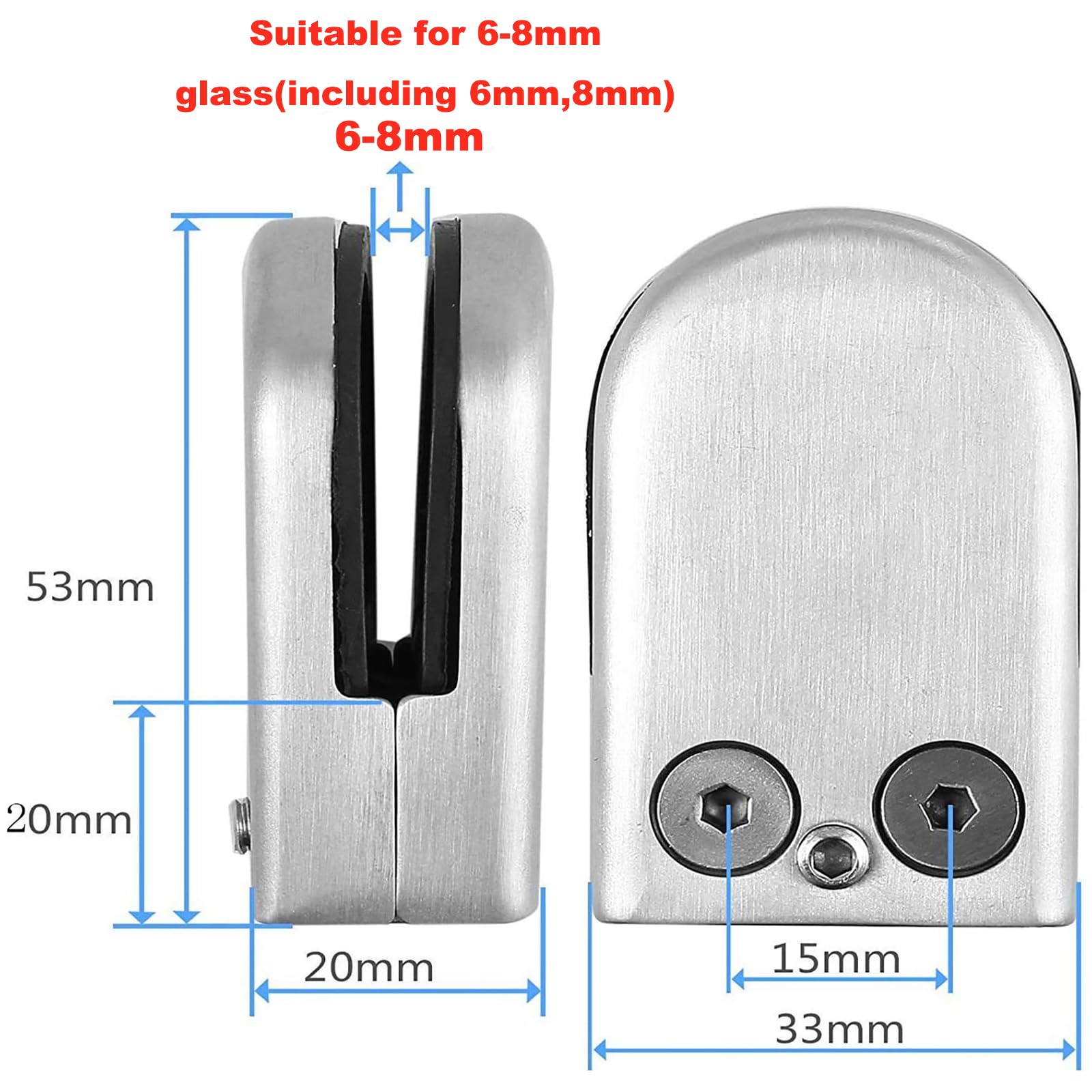 Image secondaire de Nisorpa Lot de 24 pinces à verre en acier inoxydable de 6 à 8 mm - Supports de fixation réglables à l'arrière plat - Pour balust
