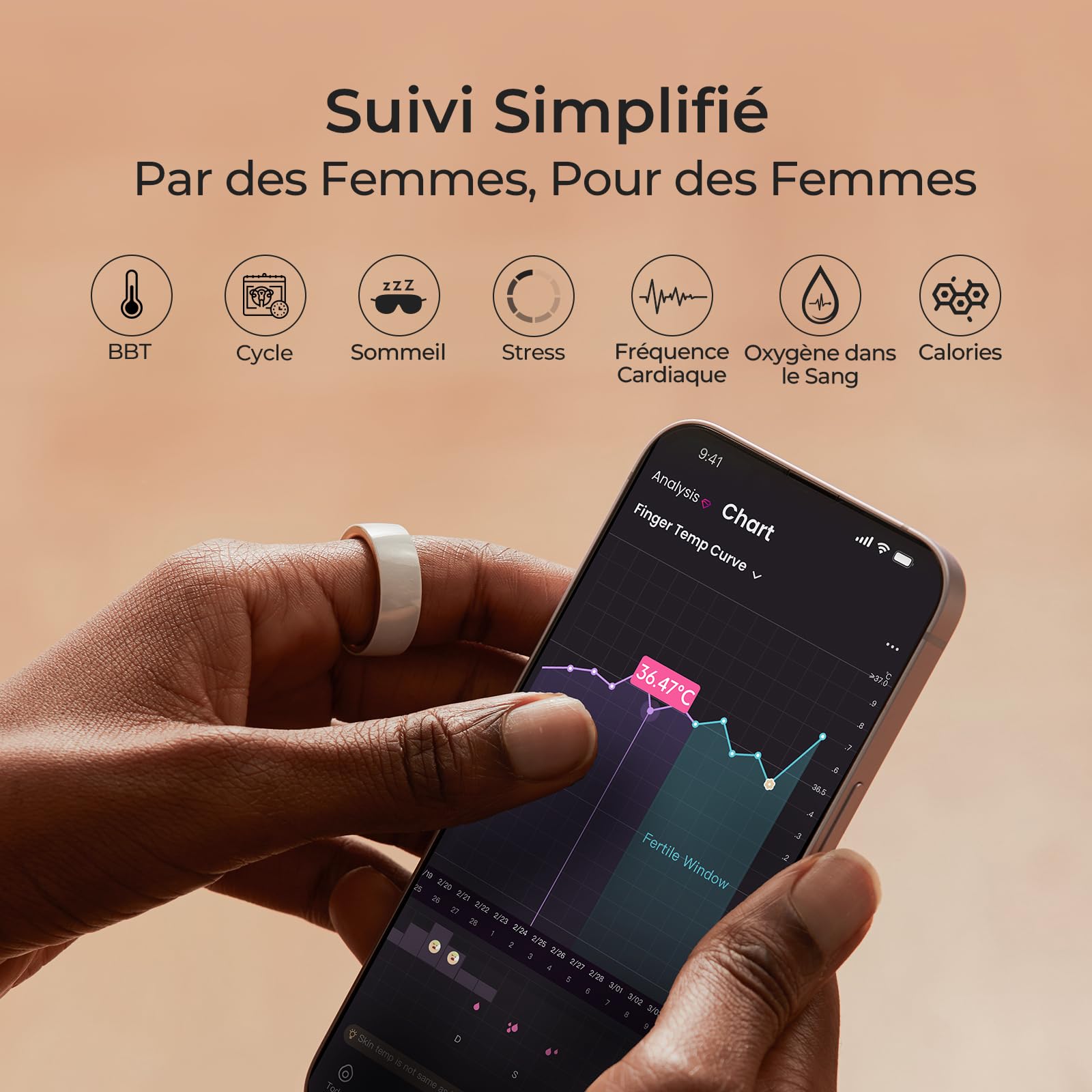 femometer Bague Connectée Femme, Suivi Santé des Femmes - Cycle Menstruel, Température Basale, Sommeil, Stress, SpO2, Fréquence Cardiaque et VFC - Abonnement Gratuit pour iOS et Android