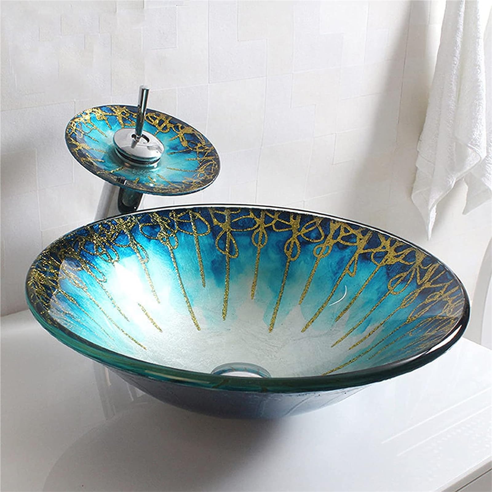 Zlewozmywak łazienkowy ceramiczny zlew łazienkowy okrągły blat umywalka umywalka, umywalka ze szkła hartowanego do toalety łazienka 450 x 450 x 135 mm z kranem wodospadowym Mou, niebiesko-niebieska