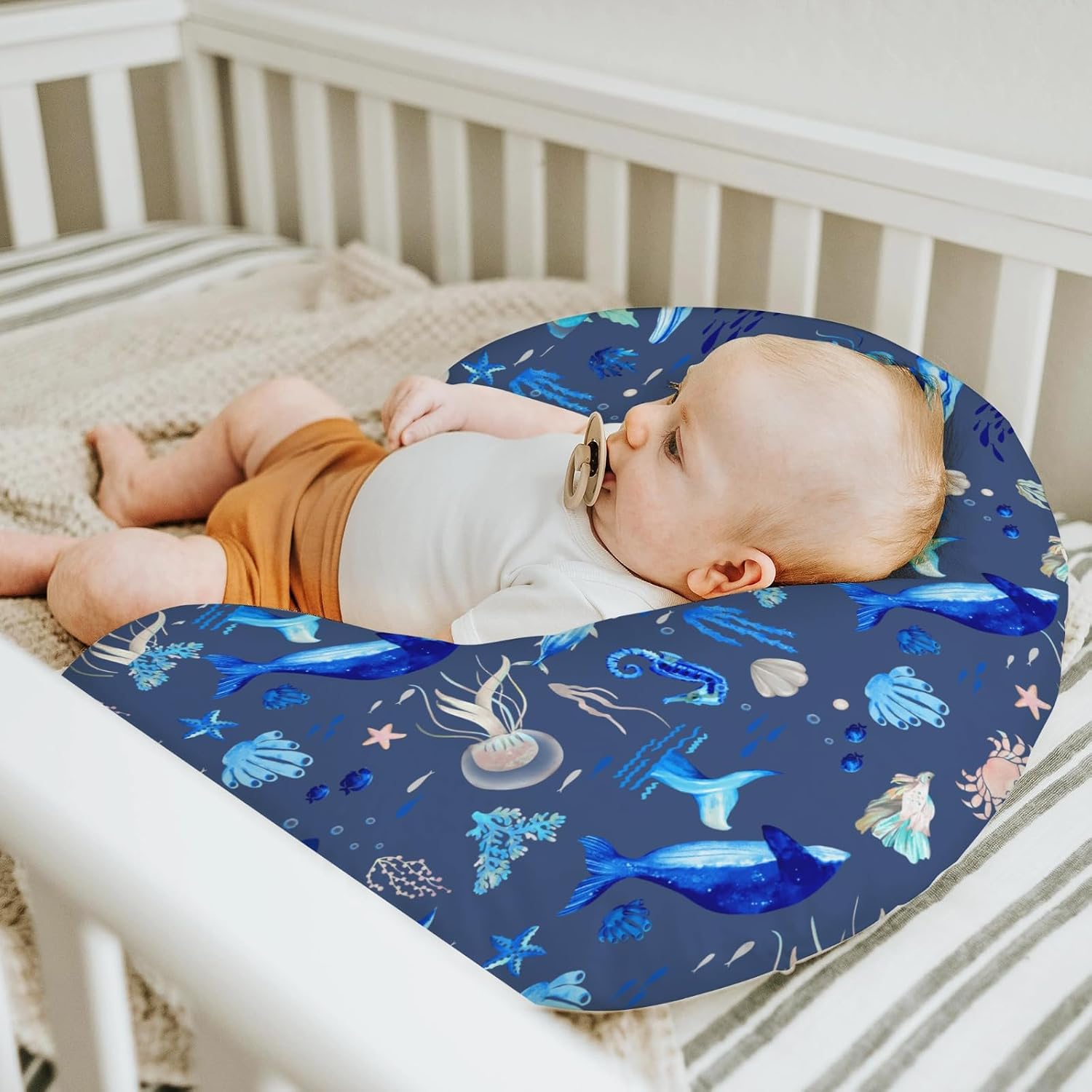 Cute Sea Animals Baby Nursing Pillow Covers for Boy Girl Turtle Whale Jellyfish Sea Horse Nursery Pillowcase for Breastfeeding Pillows Ocean Marine Soft Stretchy Slipcovers for Newborn Infant