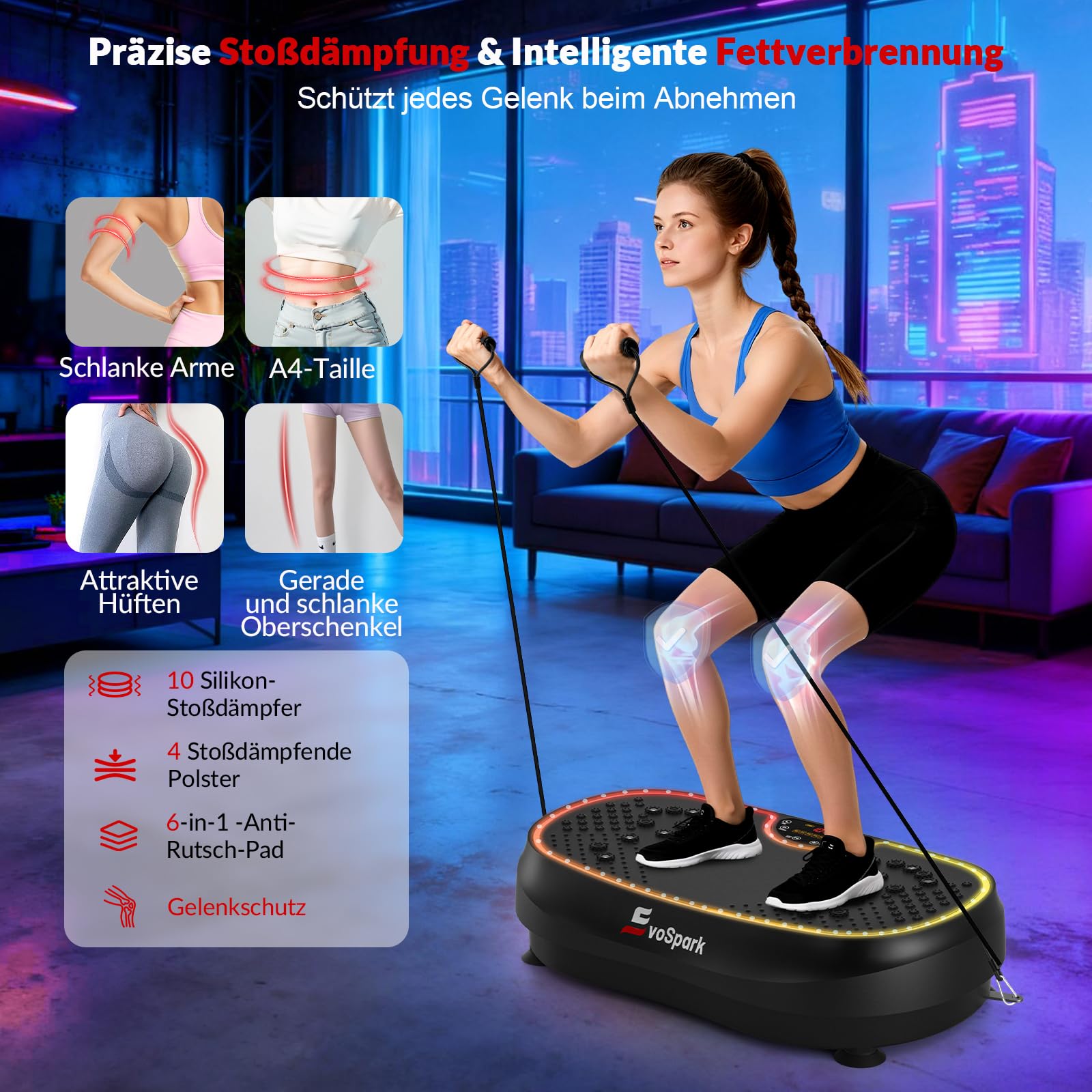Vibrationsplatte, Vibrationsplatte Testsieger 2026 mit 6+1 Trainingsmodi, 9 coolen LED-Lichtern Vibration Plate für Zuhause, Power Llate mit 200W Bürstenlose Motoren,199 Geschwindigkeiten