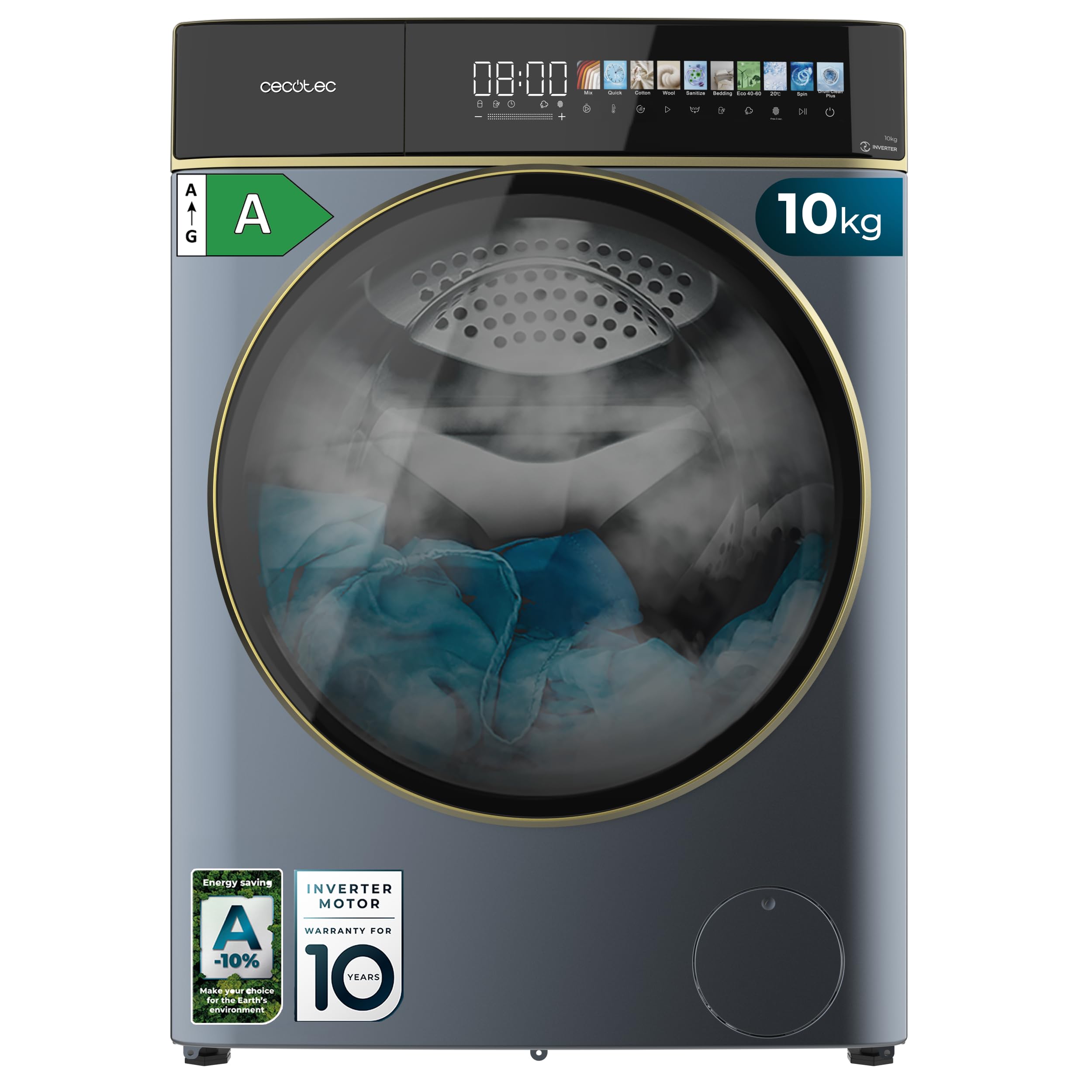 Cecotec Waschmaschine 10kg Frontlader Bolero DressCode 10900 Inverter FullColor Ice Blue A 1400 U/min, geringer Energieverbrauch, FullColor Bildschirm 10,3", 11 Prog, Inverter Plus, Dampfreinigung