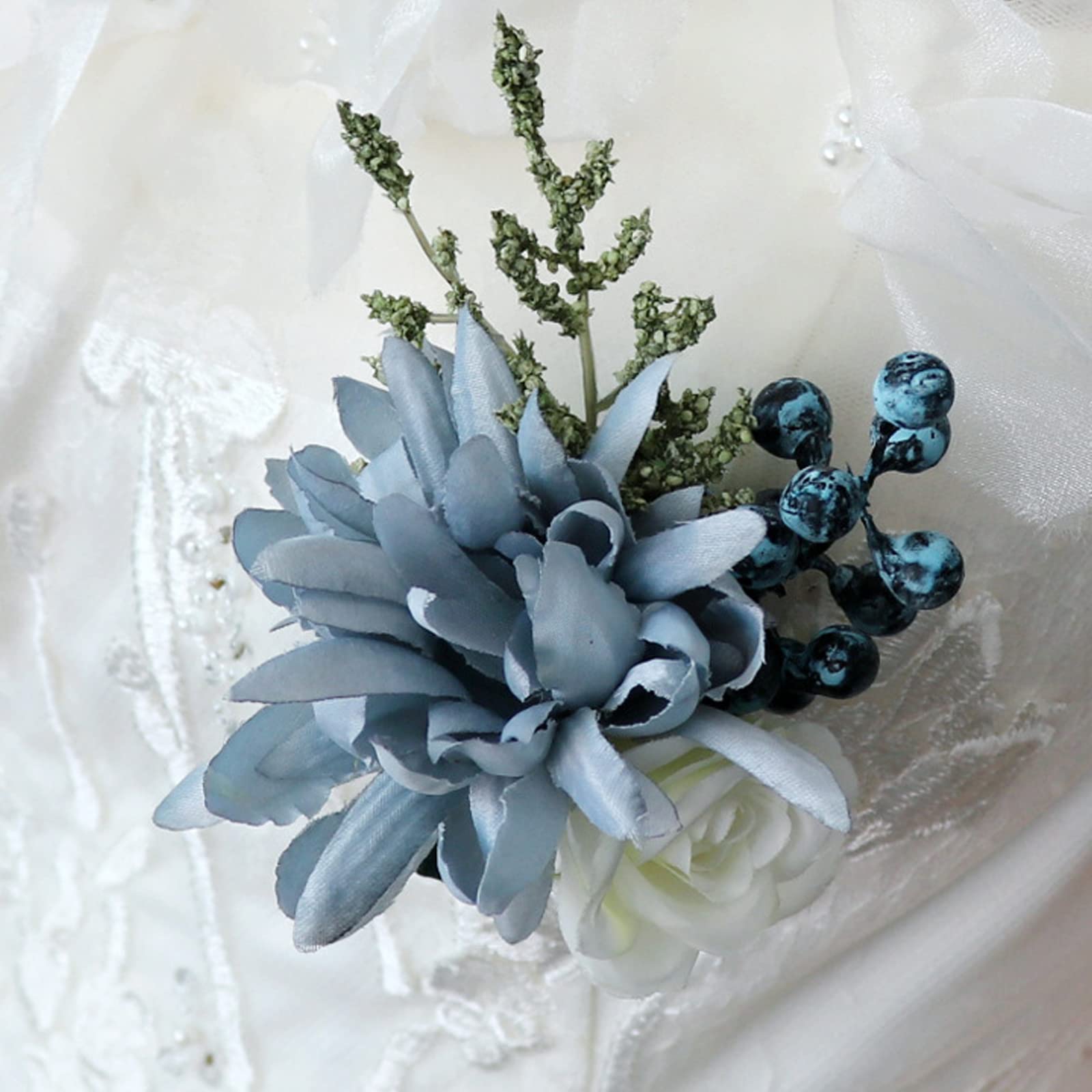 ZYLLZY 2Pcs Wedding Wrist Flower Set,Artificial Haze Blue Boutonniere Wrist Flower with Silk Flower Berry and Ribbon Decoration for Bride and Groom Prom Wedding Ceremony - Image 4