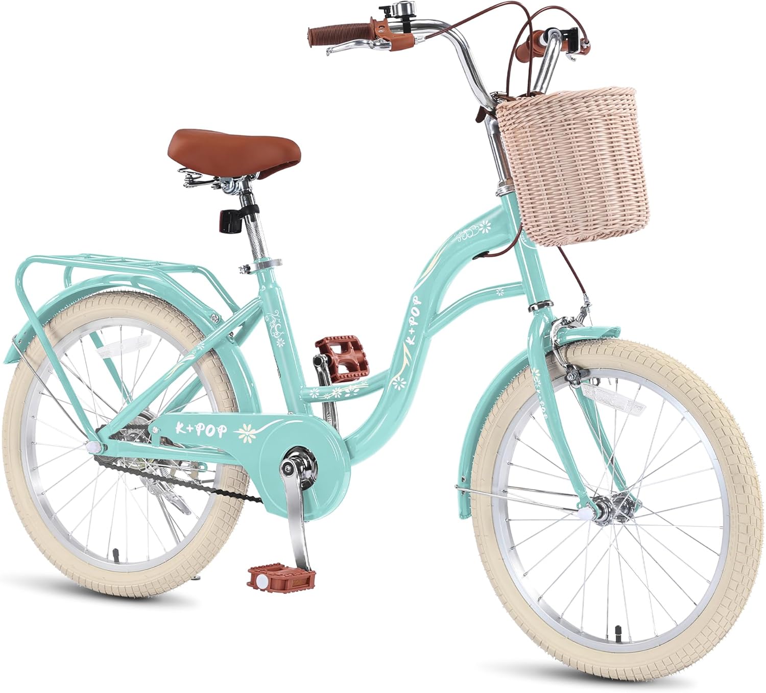 20 Inch Girls Bike Ages 8-12, 20 Inch Bike with Basket and Kickstand, Single Speed Girls Bikes Kids Bicycle with Front and Rear Brakes, Children Bicycles with Bell and Back Seat