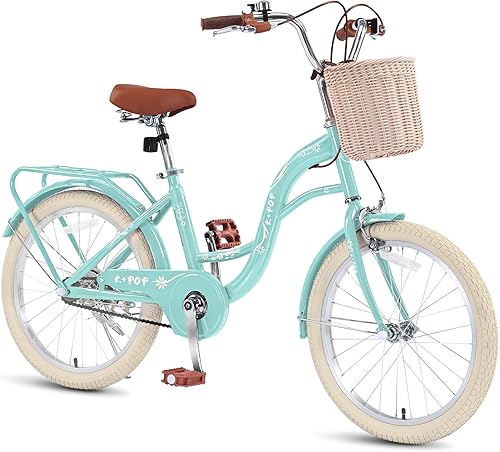 20 Inch Girls Bike Ages 8-12, 20 Inch Bike with Basket and Kickstand, Single Speed Girls Bikes Kids Bicycle with Front and Rear Brakes, Children