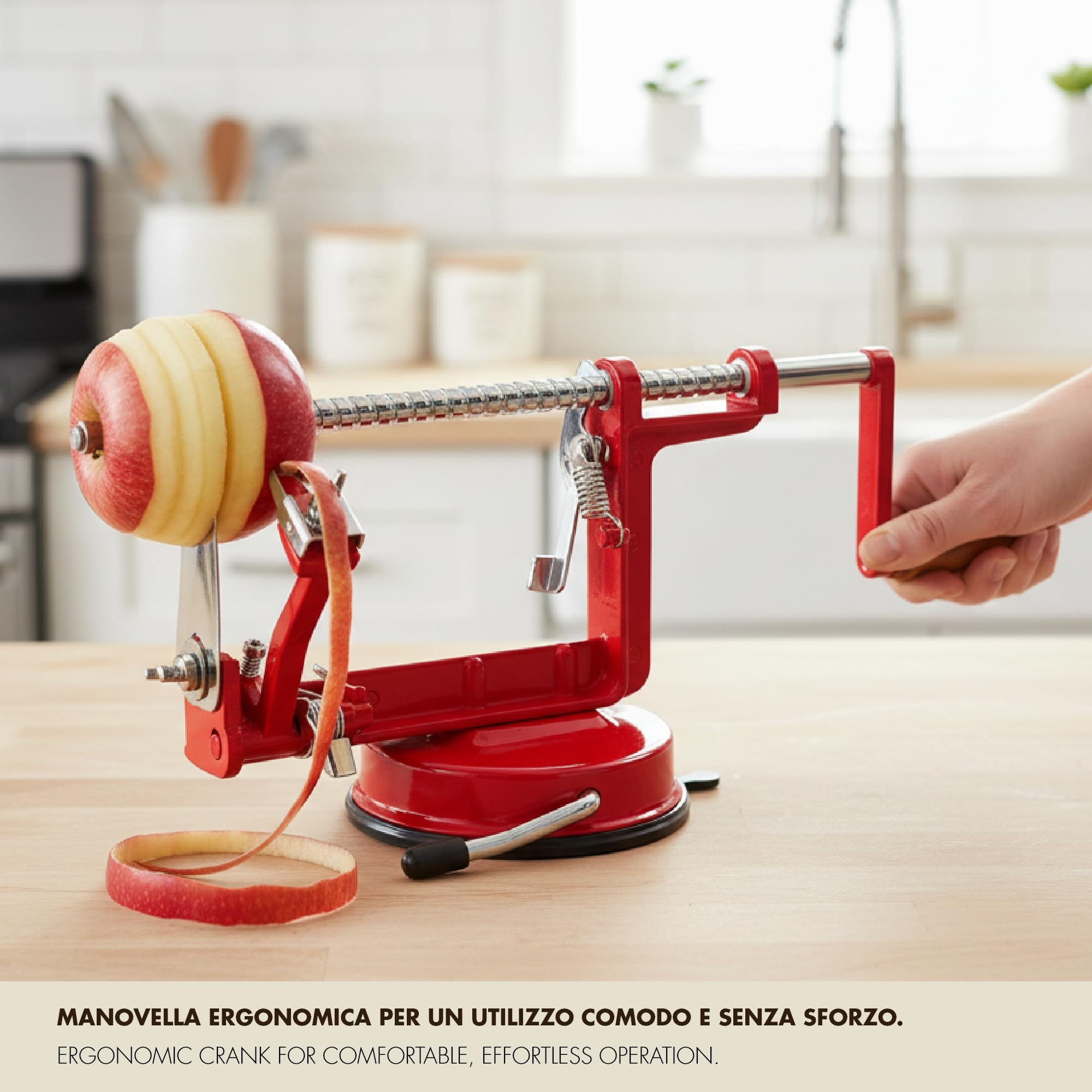 La Bonne Graine - Sbuccia Mele Manuale con Ventosa – Pela, Affetta e Toglie il Torsolo – Acciaio Inox – Stabile e Resistente – Accessorio Cucina