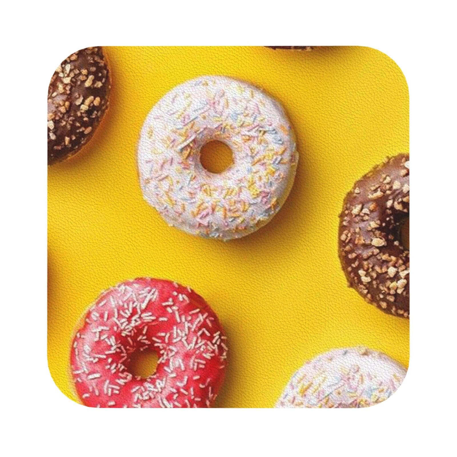 Doughnut PU Leather Coasters Set of 6 Square Drink Coasters