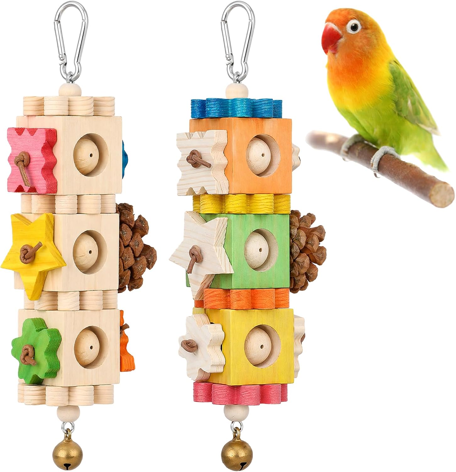 2 Pcs Bird Chew Toys for Parrots, Rotating Wooden Block Foraging Toy with Pine Cones & Bell, Hanging Multi-Layer Parrot Enrichment Cage Accessories for Beak Grinding, for Conure, Cockatiel, Budgie