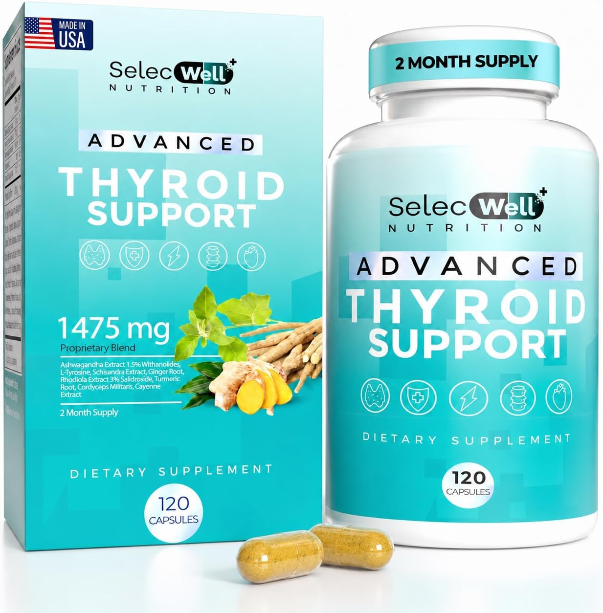 Advanced Thyroid Support, 2 Month Supply – Supports Energy, Focus & Hormone Balance – with Iodine, Selenium, Ashwagandha & L-Tyrosine (Vegetarian, Non-GMO)