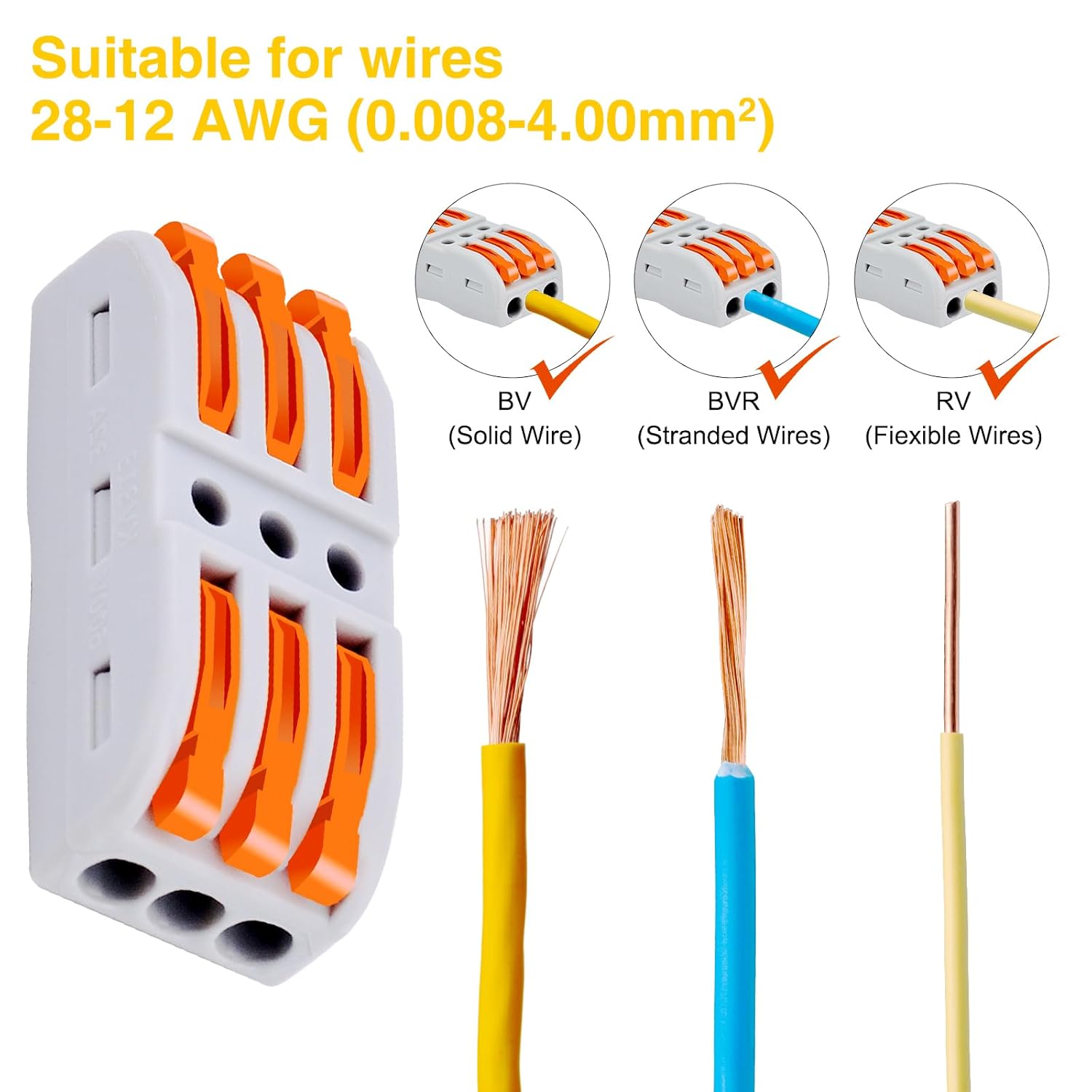 50 Pack Wire Connectors,USUPERINK 3 in 3 Out Conductor Compact Connectors Lever Wire Nut Electrical Connectors for 3 Circuit Inline Splices 28-12 AWG