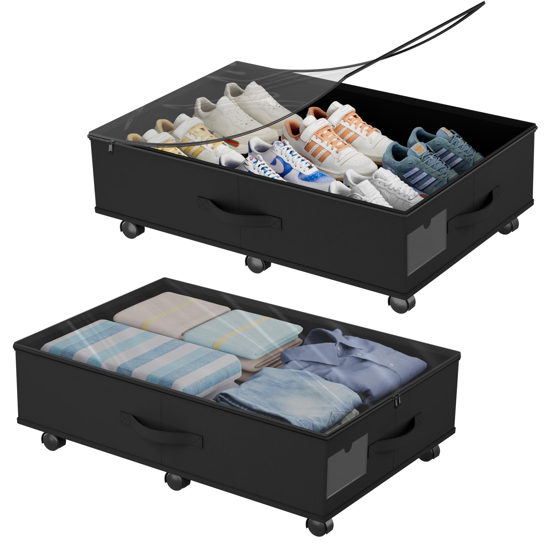 Babenest 2-Pack Under Bed Storage Organizer with Clear Zippered Lid, Foldable Rolling Underbed Drawers on 6 Wheels, Space Saving Clothes, Shoes, Toy Storage for Bedroom, Dorm, Closet, Black-2