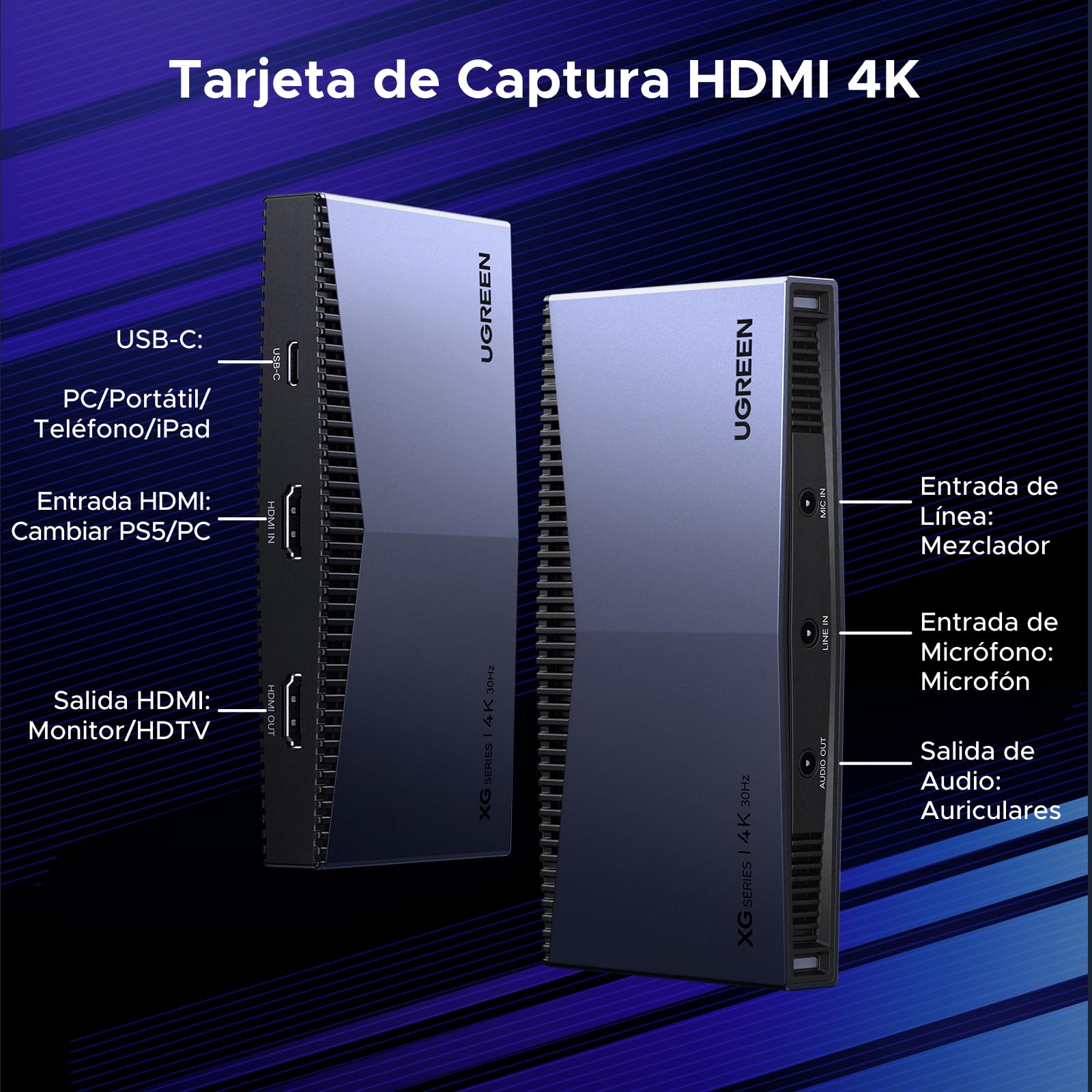 UGREEN Tarjeta de Captura de Video HDMI 4K 30Hz USB-C 3.2, Grabación y Streaming 4K 60Hz, Salida en Bucle, Compatible con PS5/4 Pro, Xbox Series X/S/One, Switch 2, MacBook, PC, iPad, Cámara
