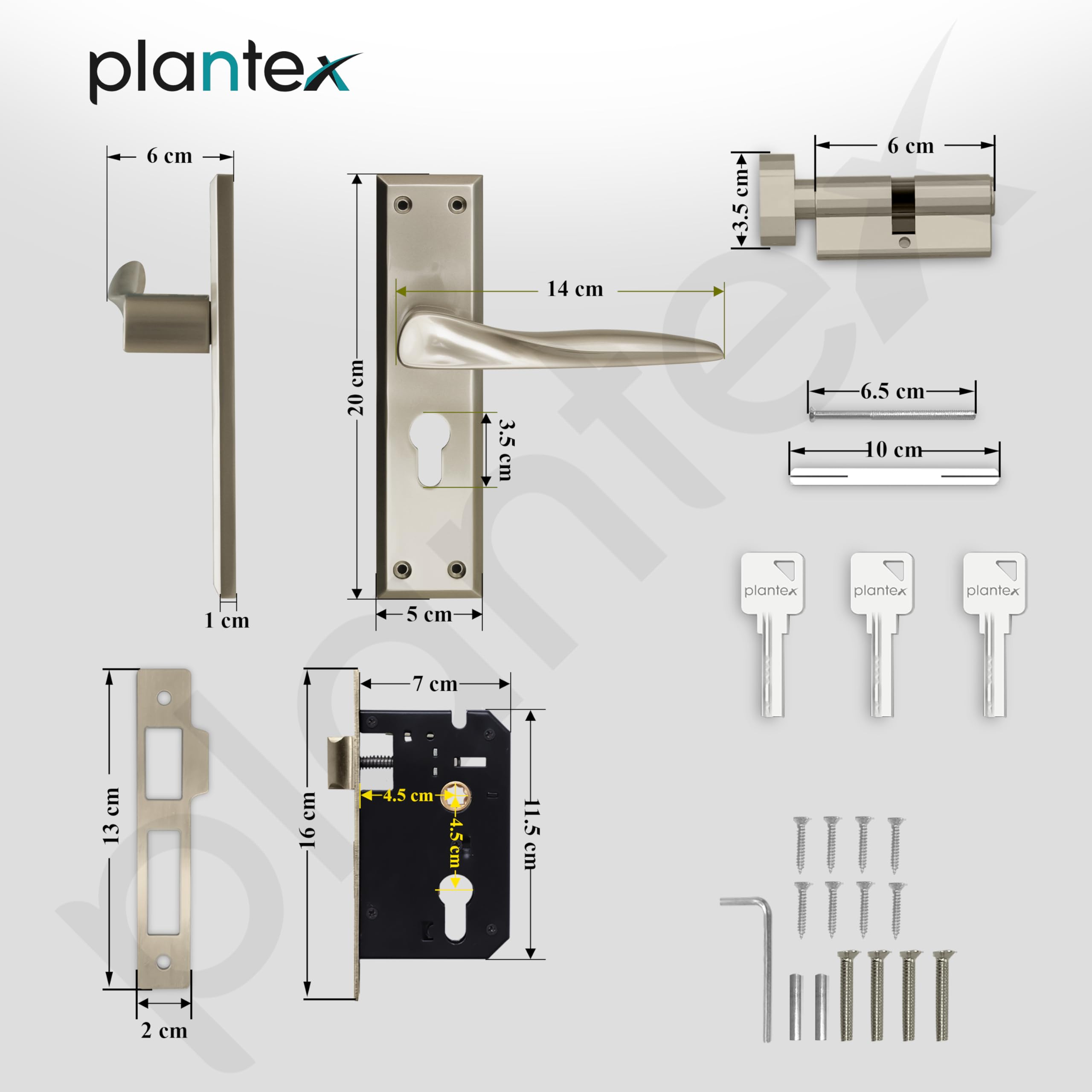 Plantex Mortise Lock Handle Set - 6-Lever, 3 Keys -3 Plantex Mortise Lock Handle Set - 6-Lever, 3 Keys -3