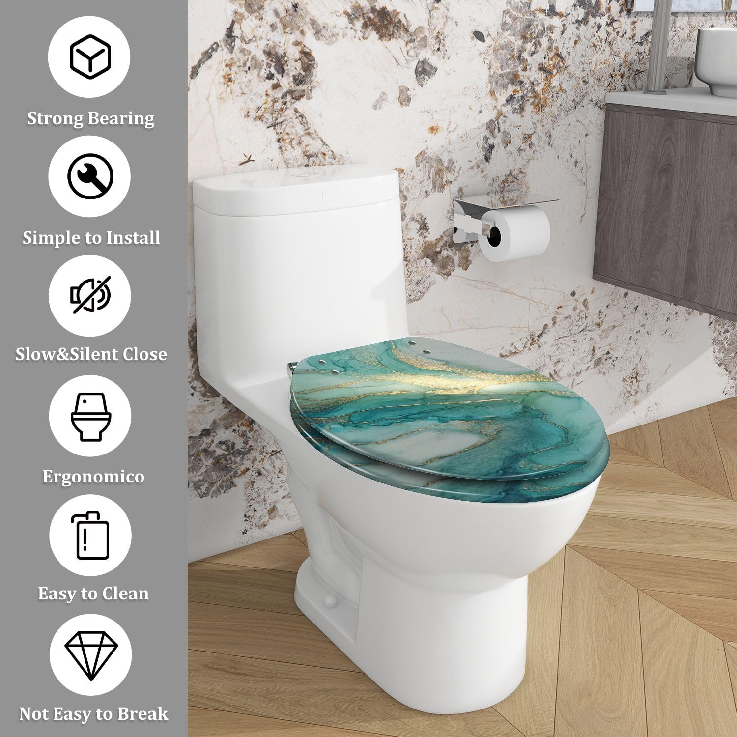 Asiento de inodoro genérico alargado de resina con cierre suave para baño.