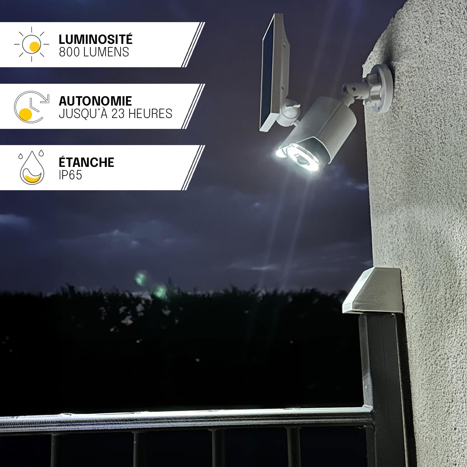 Caméra Factice Solaire Extérieur avec Détecteur de Mouvement - Éclairage LED 800 Lumens - IP65 - Sécurité Jardin Entrée Garage - Fausse Caméra Anti Intrusion sans Fil (Blanc)