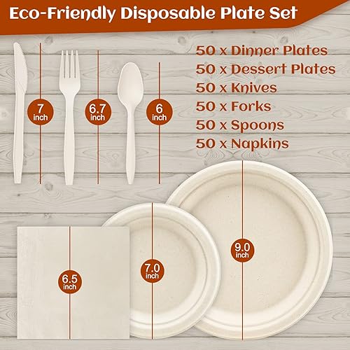 Miniatura 5 de DecorWoo Juego de 300 platos de papel compostables, platos ecológicos resistentes y utensilios biodegradables, incluye tenedores, cuchillos,