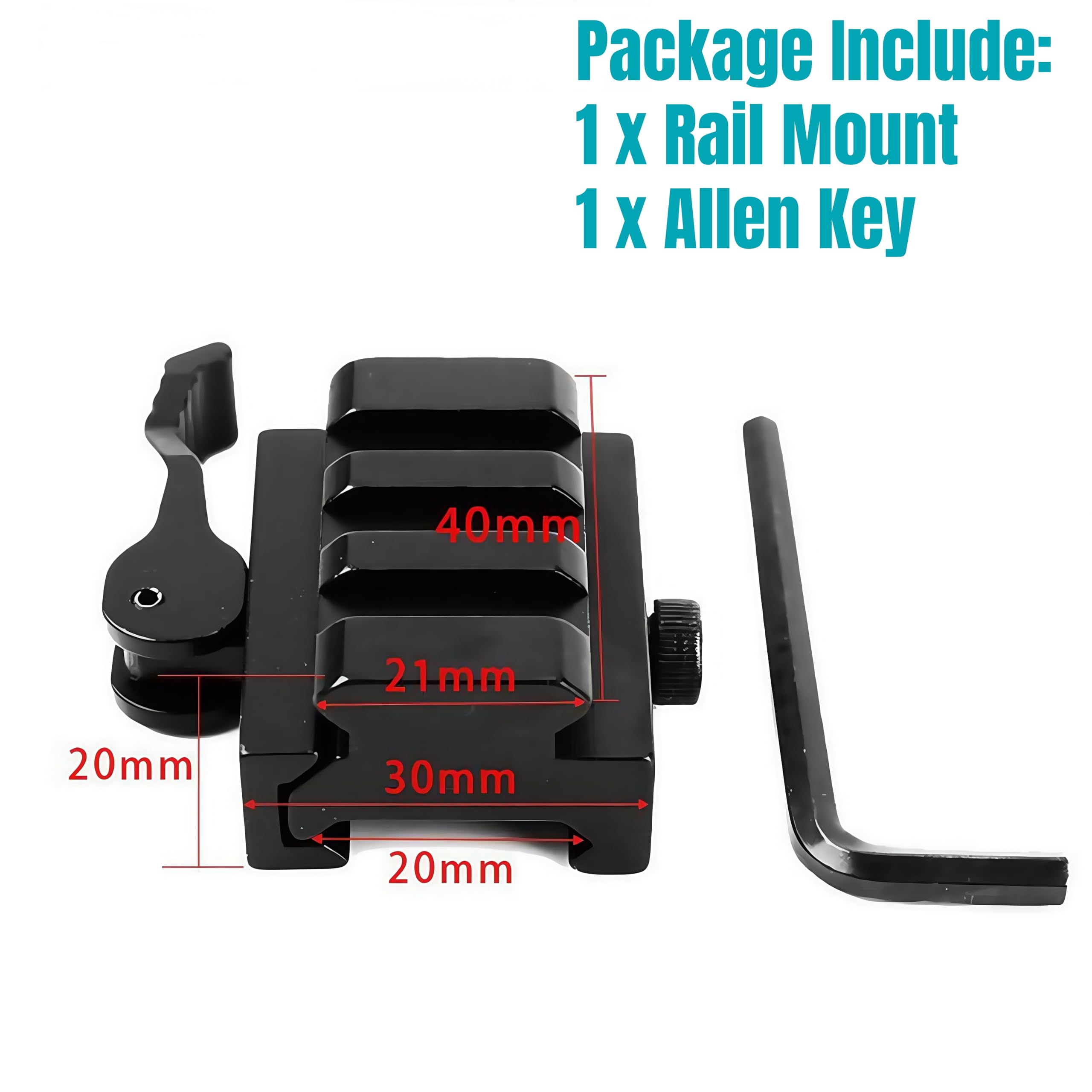 Supporto riser tattico QD a sgancio rapido da 40 mm per guida P.icatinny da 20 mm, base in lega di alluminio a 3 slot