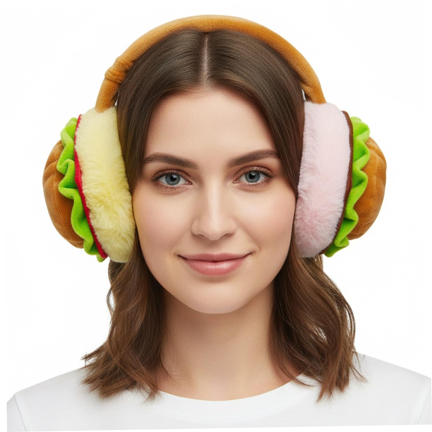 Ameble Women's Assorted Color Earmuffs, Funny Hamburger Shape Furry Ear Muffs Foldable Winter Thermal Outdoor Headpiece For Travel Skiing Skating Cycling Earmuffs, Furry Ear Muffs, Warmers, Earm