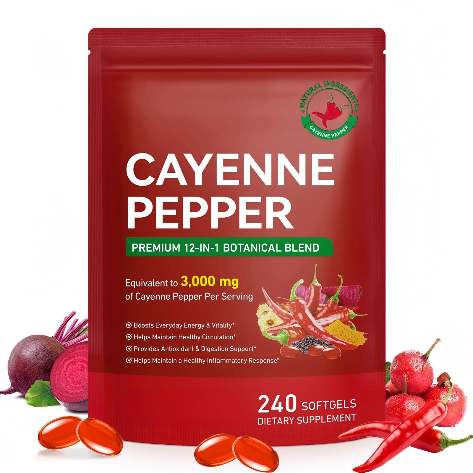Cayennepfeffer Softgels 240 Softgel, Cayenne Pfeffer Komplex | - 3000mg Tagesdosis 12-in-1 Capsaicin Kapseln aus Cayenne, mit Vitaminen D3, K2 und E,
