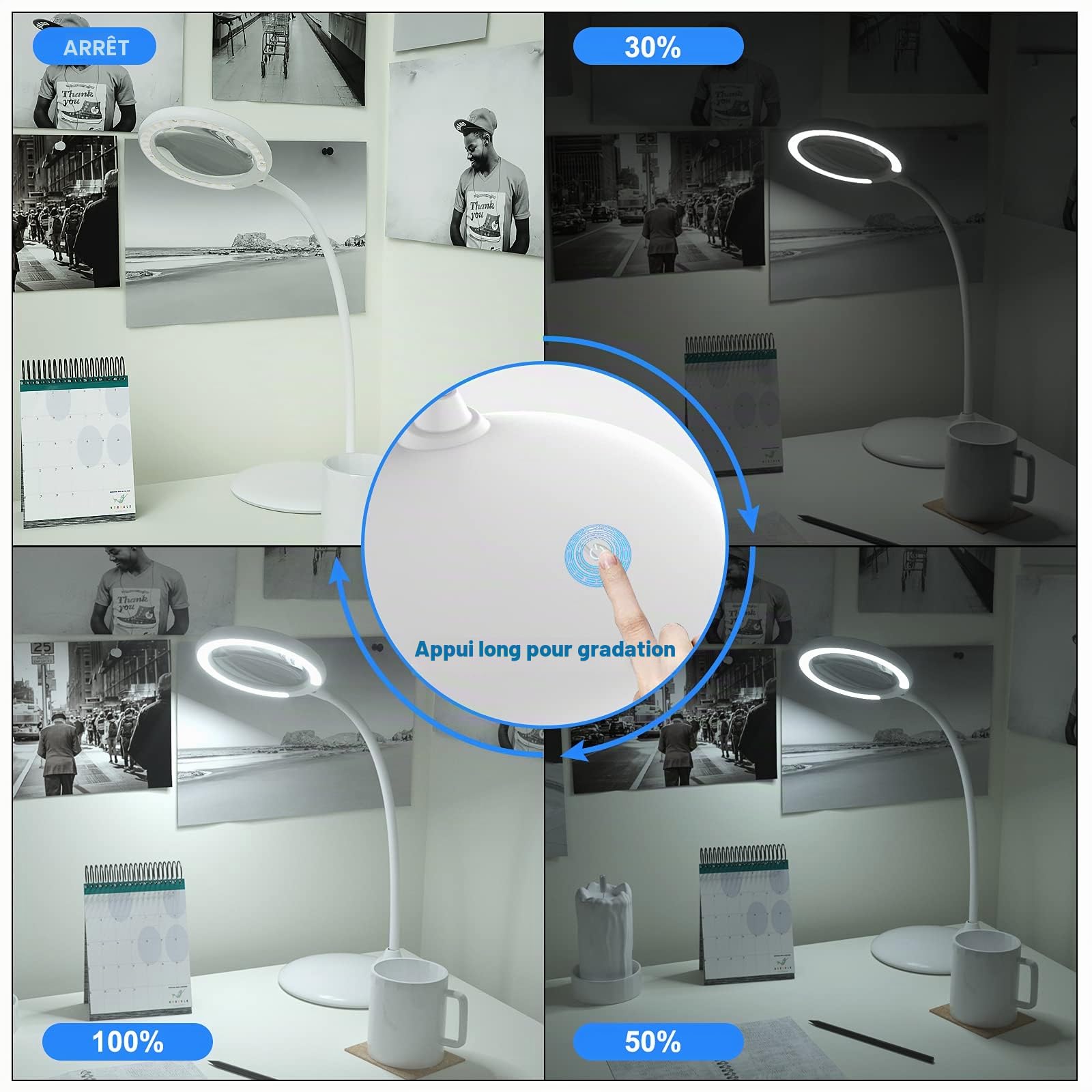 Loupe 3 x avec lumière et Support – Loupe Tactile à intensité Libre avec lumière LED pour Le Travail, la Lecture, Les Loisirs, la Couture, Les Loisirs créatifs (Blanc)