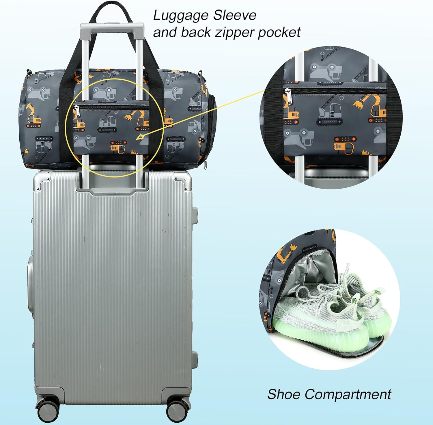 CAMTOP Kids Duffel Overnight Bag Boys Girls Toddler Weekender Carry-On Personalized Tote for Travel Gym Sport (Grey Vehicle) - Image 5