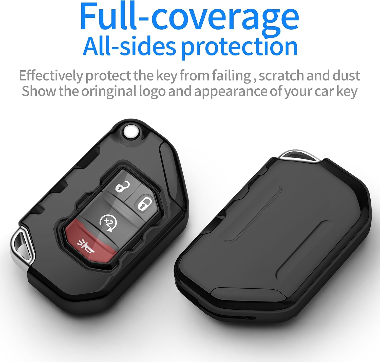 Compatible with Jeep Key Fob Cover With Leather Keychain Soft TPU Protection Key Case for 2018-2026 Wrangler JL JLU Rubicon Wagoneer Gladiator JT Sahara JLU Remote Ke (Black)