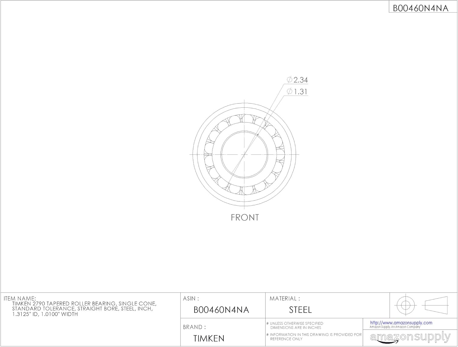 Timken 2790 Tapered Roller Bearing, Single Cone, Standard Tolerance, Straight Bore, Steel, Inch, 1.3125" ID, 1.0100" Width