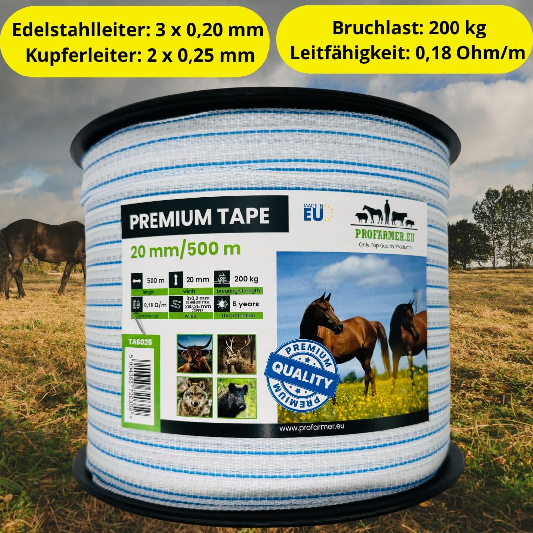 PREMIUM-Weidezaunband 500 m, 20 mm, weiß-blau – Höchste Leitfähigkeit & Sichtbarkeit