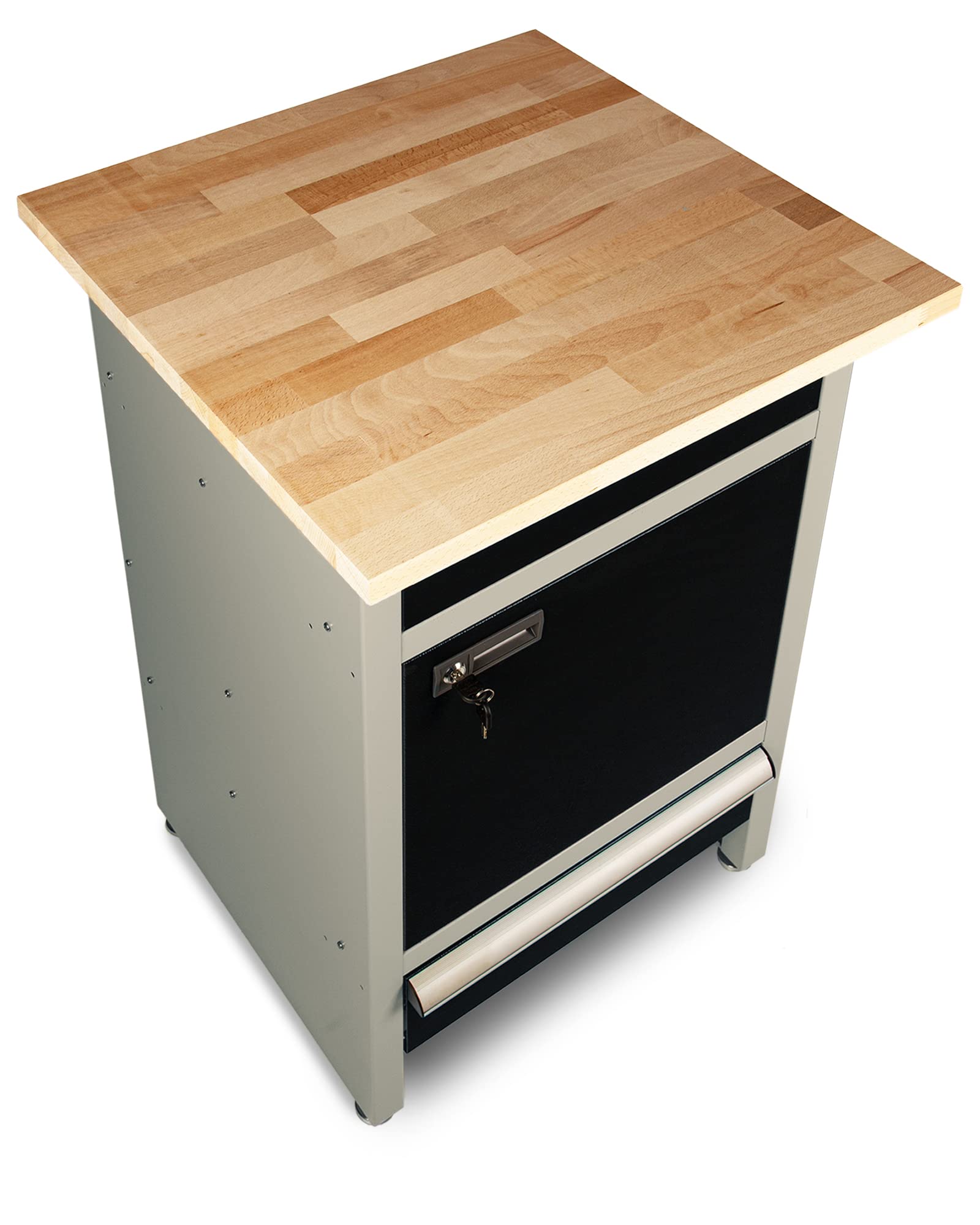 Ondis24 PRO Werkbank Finn 60cm Werktisch aus Metall mit 1 Tür 2 Schubladen und Aluminiumgriffen Schwarz Grau Arbeitshöhe 95cm wählbare Arbeitsplatte (Buche)