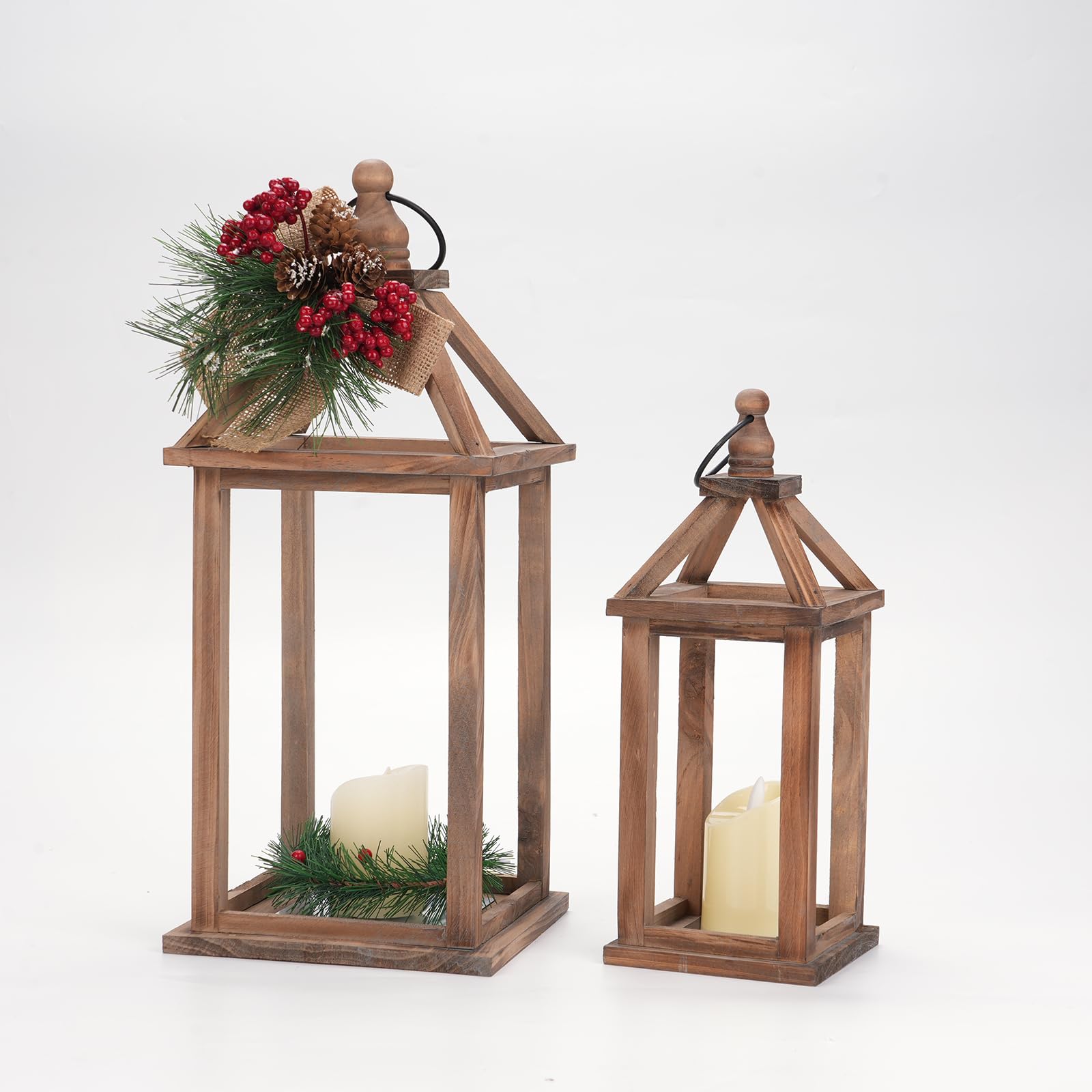Romadedi Holzlaternen Dunkelbraun, 2er Set 30/40 cm mit Dach | Kerzenlaternen im Pavillon-Design für Kerzen, für Balkon, Garten, Hochzeit, Tischdeko und Innenräume