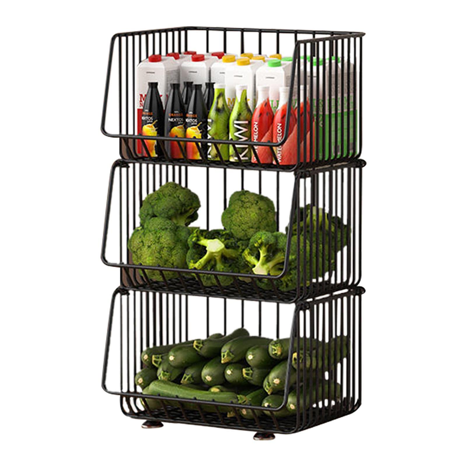 Cestas de almacenamiento de alambre | Cestas apilables de almacenamiento de frutas y verduras con ruedas – Canastas de alambre para almacenamiento de alimentos enlatados para despensa y armario