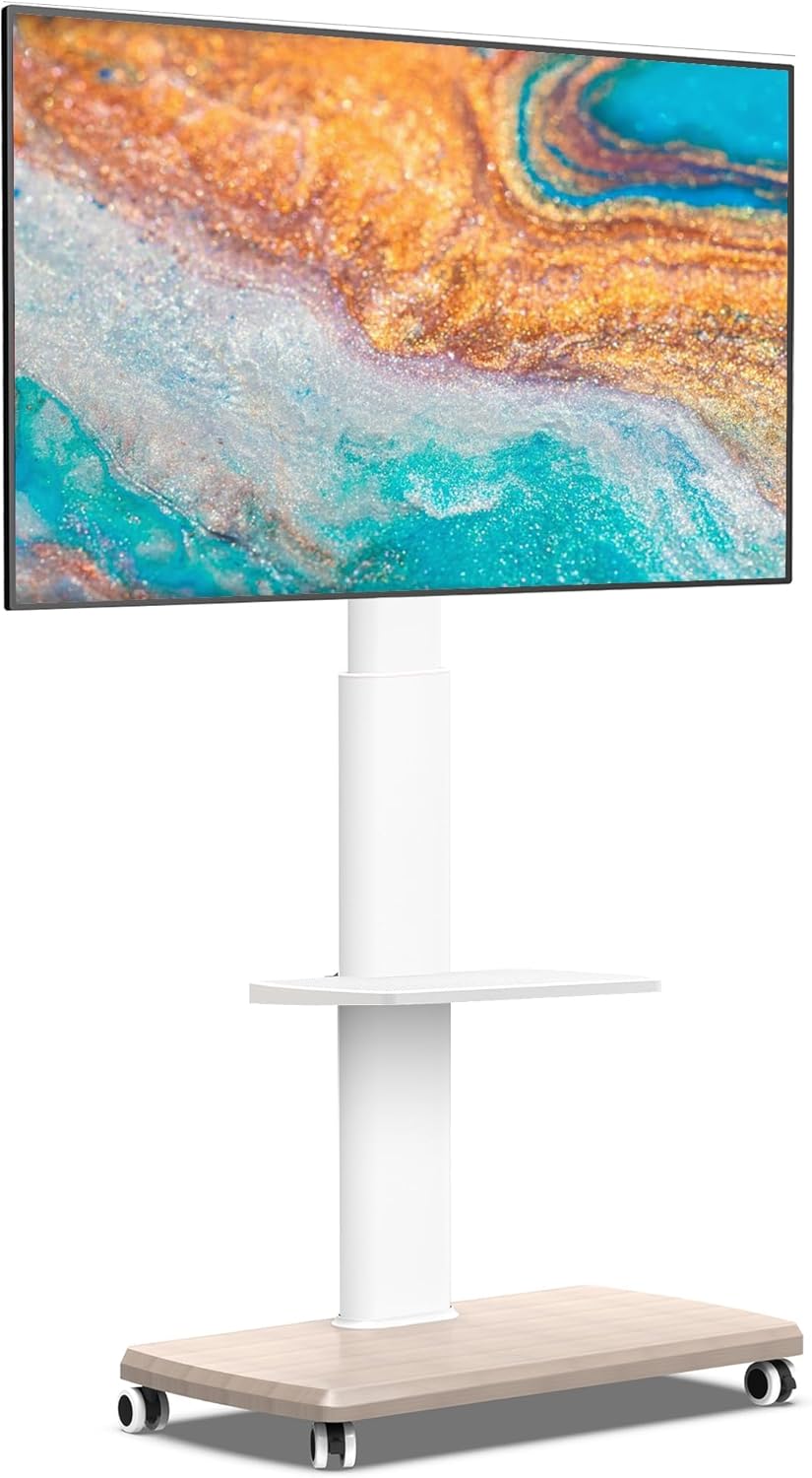 FITUEYES Rolling TV Stand, Mobile TV Cart on Wheels for 32-70 Inch Flat Screen TVs, Tall Floor TV Stand with Swivel Mount for Bedroom, Outdoor, Home Office, Small Dorm, White