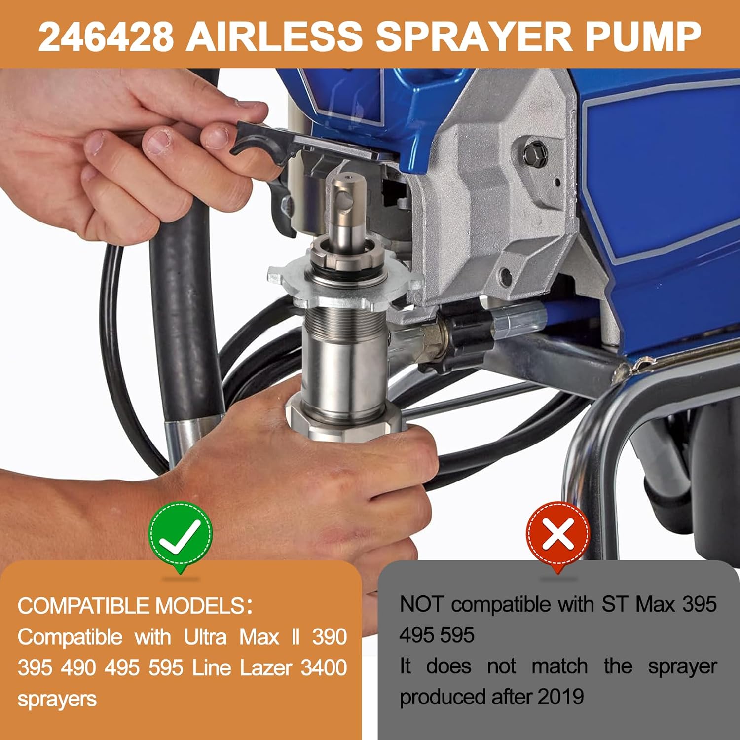246428 Airless Spray Pump, Paint Sprayer Pump Compatible with Ultra 395/495/595/695 Ultra Max II 490/495/595 Line Lazer 3400, Stainless Steel Airless Sprayer Parts