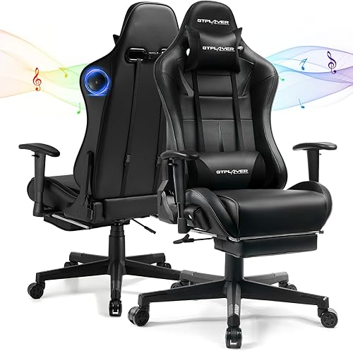 GTPLAYER Silla de juegos con altavoces, sillas de videojuegos con reposapiés para adultos, silla reclinable ergonómica para computadora de PC (negro)