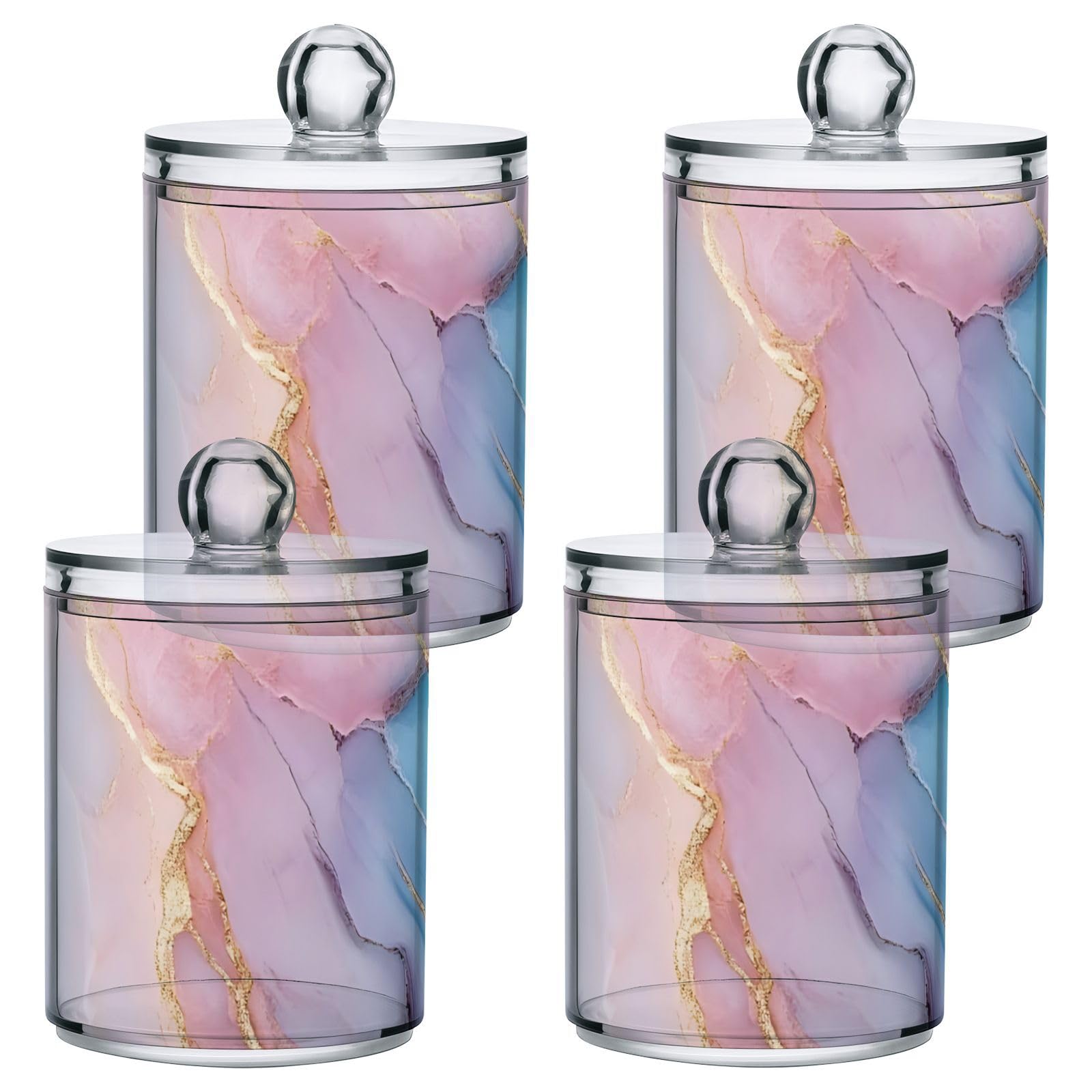 ALAZA 2 Pack Qtip Holder Dispenser for Cotton Ball Pink Marble Blue Gradient Gold Lines Cotton Swab Plastic Acrylic Jar Set Bathroom Canister