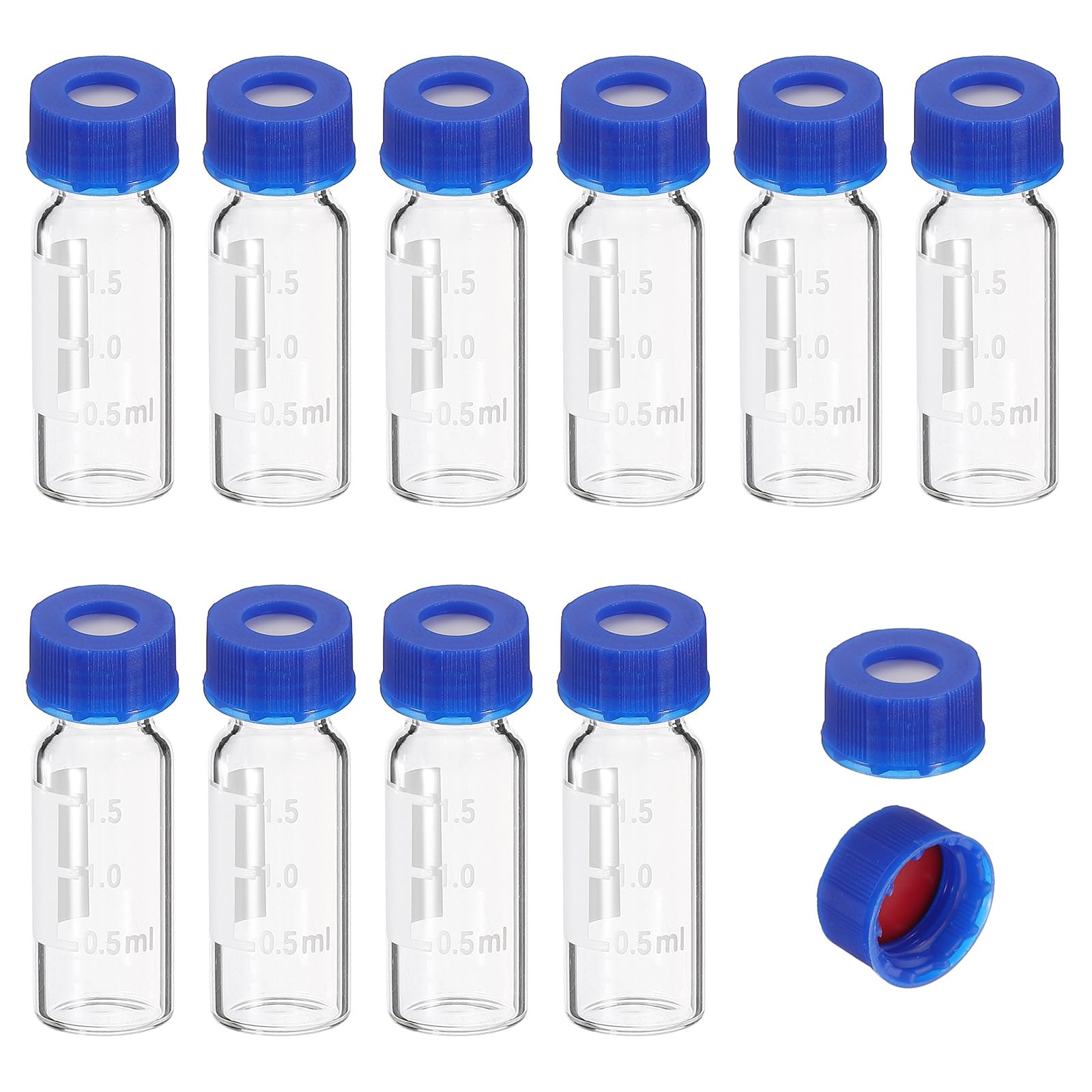 PATIKIL 2ml Autosampler Vial 200 Pack Vorgeschnittene Septen HPLC/GC Fläschchen 9-425 Labor Klare Probenfläschchen Mit blau Schraubkappe Beschreibbare Stelle PTFE Silikon Für LC Stamper