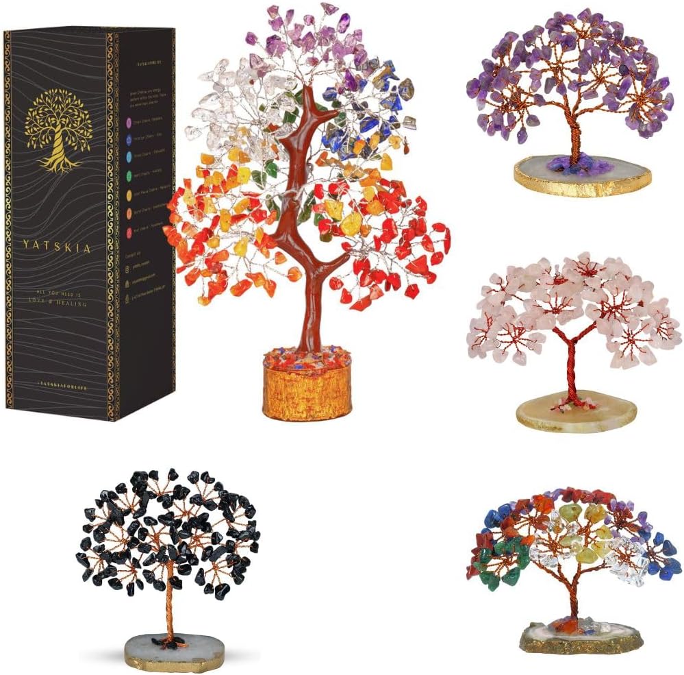 YATSKIA BLuk Gift of Crystals and Healing Stones – Feng Shui Decor – Meditation Accessories – Gifts for Spiritual People – Handmade Crystal Tree with Seven Natural Crystals – 7 Chakra Tree