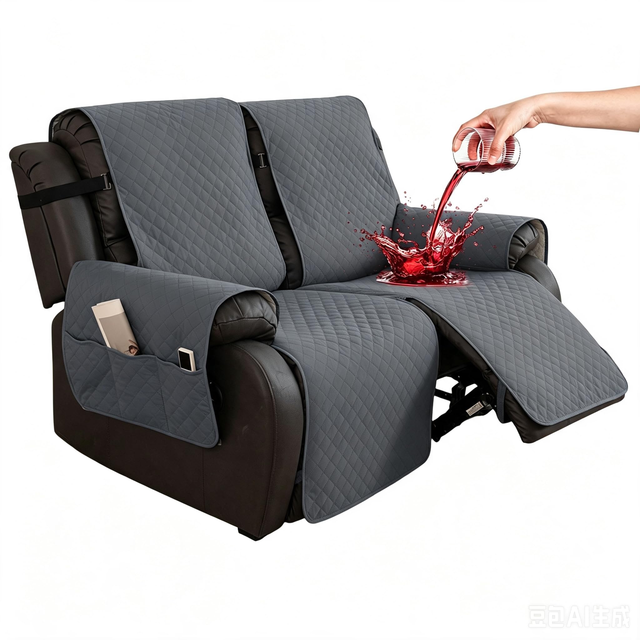 Hiiksolo Waterproof Recliner Chair Cover, Non-Slip Recliner Covers with Side Pockets, Washable Furniture Protector for Reclining Chair, Soft Velvet Slipcover for Pets Kids 2 Seater Dark Grey