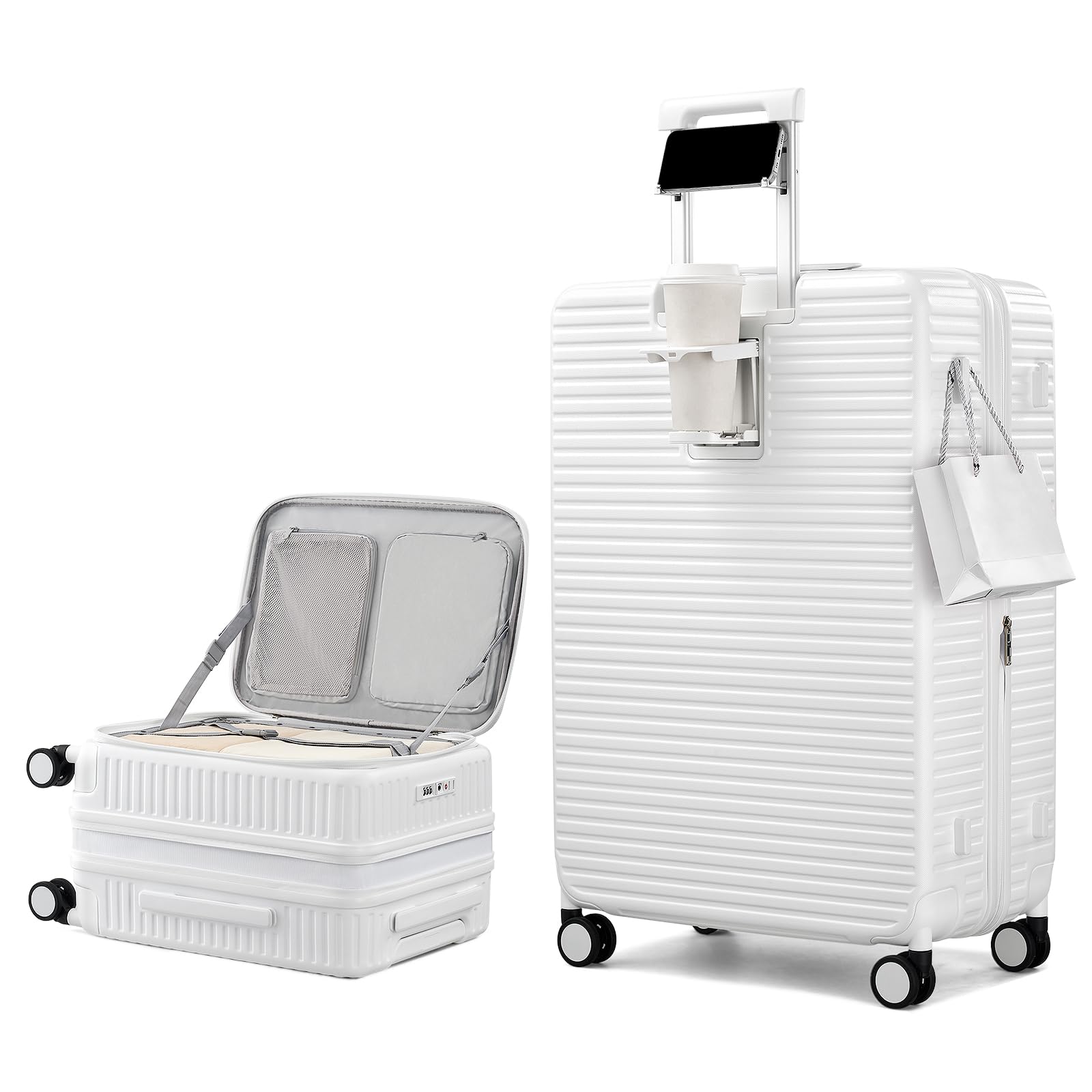 HanTrip Hard Shell Expandable Luggage Sets 2 Piece with Spinner Wheels Cup Holder, Top Opening Lightweight Luggage Rolling Suitcase with Lock, Carry On And Checked Luggage Set 2 Piece (White, 20/28)