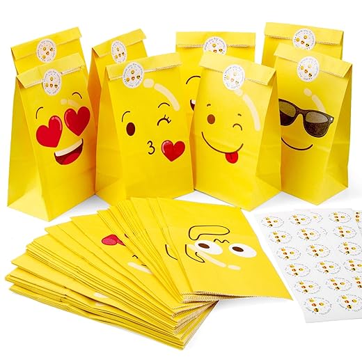 Gesichtsausdruck Gelb Papiertüten - MOOKLIN ROAM 48 Stück Party Papier Geschenktüten Kraftpapiertüten Papierbeutel, Candy Tüten mit stickers für die Geschenkene, burtstag, Hochzeit, 11.9x7.8x22cm