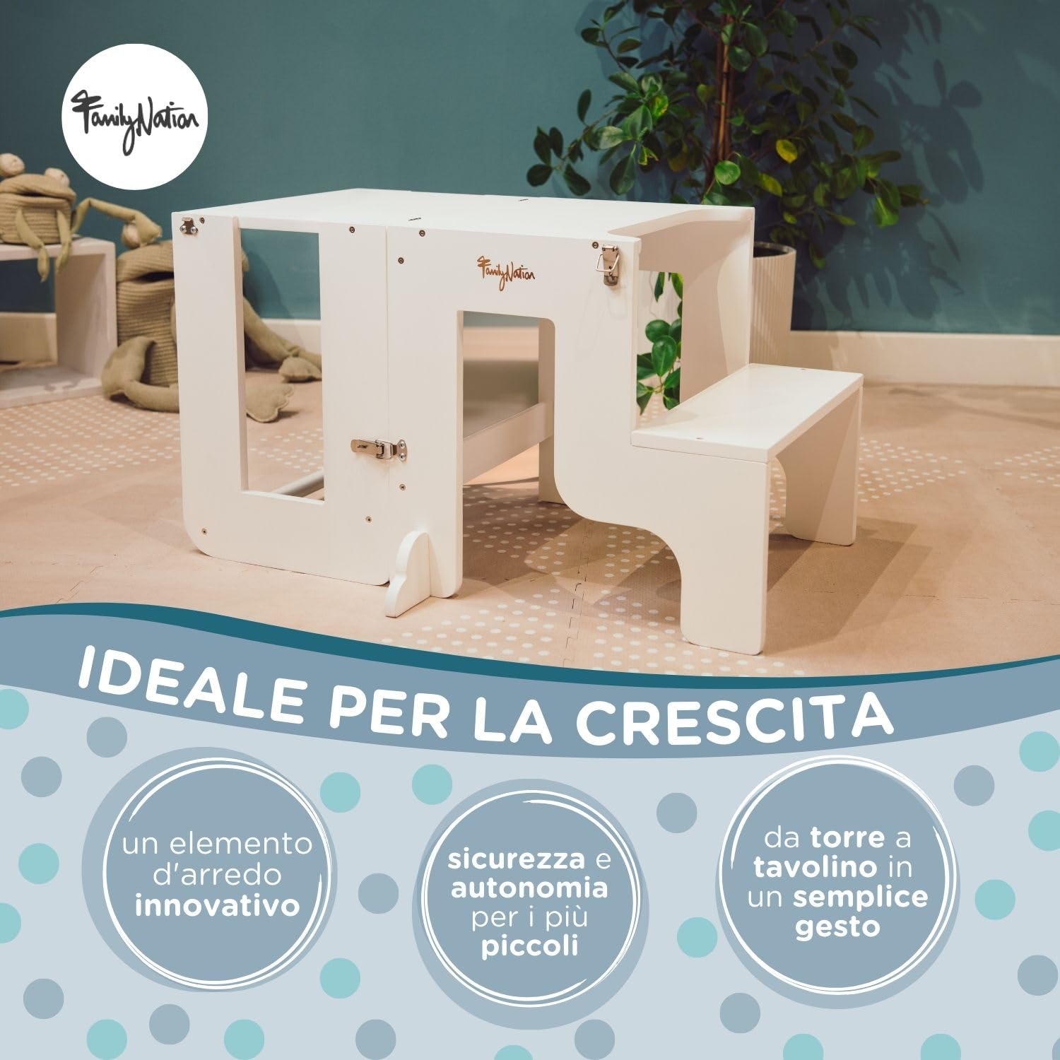 Family Nation, Torre Montessoriana 2 in 1, Convertibile in Tavolo e Sedia, per Bambini da 1 Anno di Età, Struttura in Legno con Supporto Extra, Bianca, 42x45x86 cm