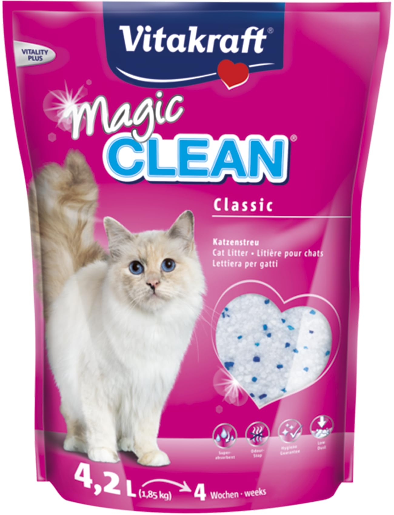 Vitakraft Magic Clean Classic, lettiera per gatti non agglomerante, a base di sfere minerali, con azione antibatterica, a basso rilascio di polvere, sufficiente per 4 settimane (1x 4,​2l)