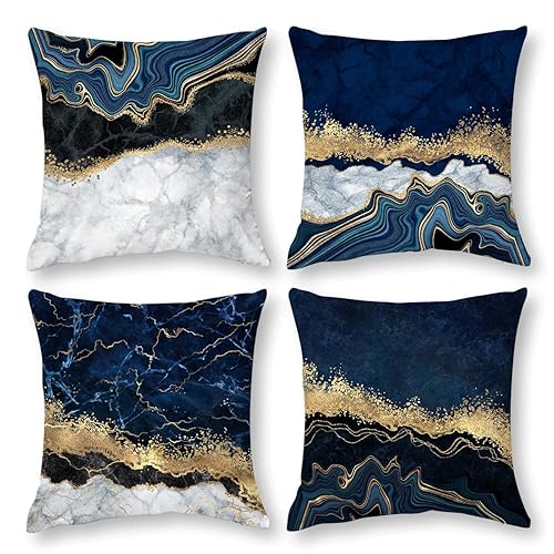 Navy Blue Grey Gold Pillows Covers Set of 4 Marble