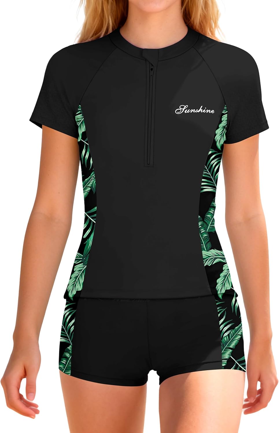 Girls Rash Guard Swimsuit Two Piece Colorblock Short Sleeves Bathing Suit Protection Swimwear 9-16Y
