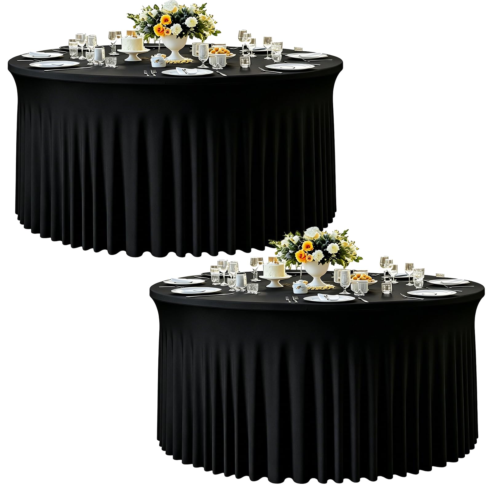 GALLETY 2 Pack Black Round Tablecloth, Stretchy Spandex Table Cloths for 6ft Tables, Birthday Tablecloth Round Table Cover with Skirt for Wedding Party Photography Decoration