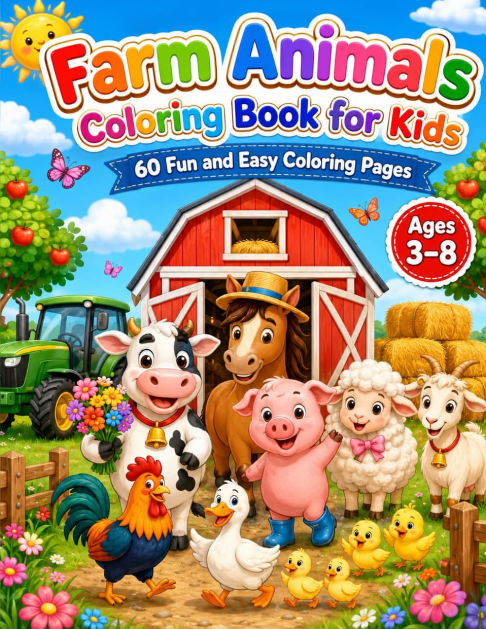 Farm Animals Coloring Book for Kids: 60 Fun and Easy Coloring Pages with Cute Cows, Horses, Pigs, Sheep, Ducks, Barns, Tractors, and Farm Activities