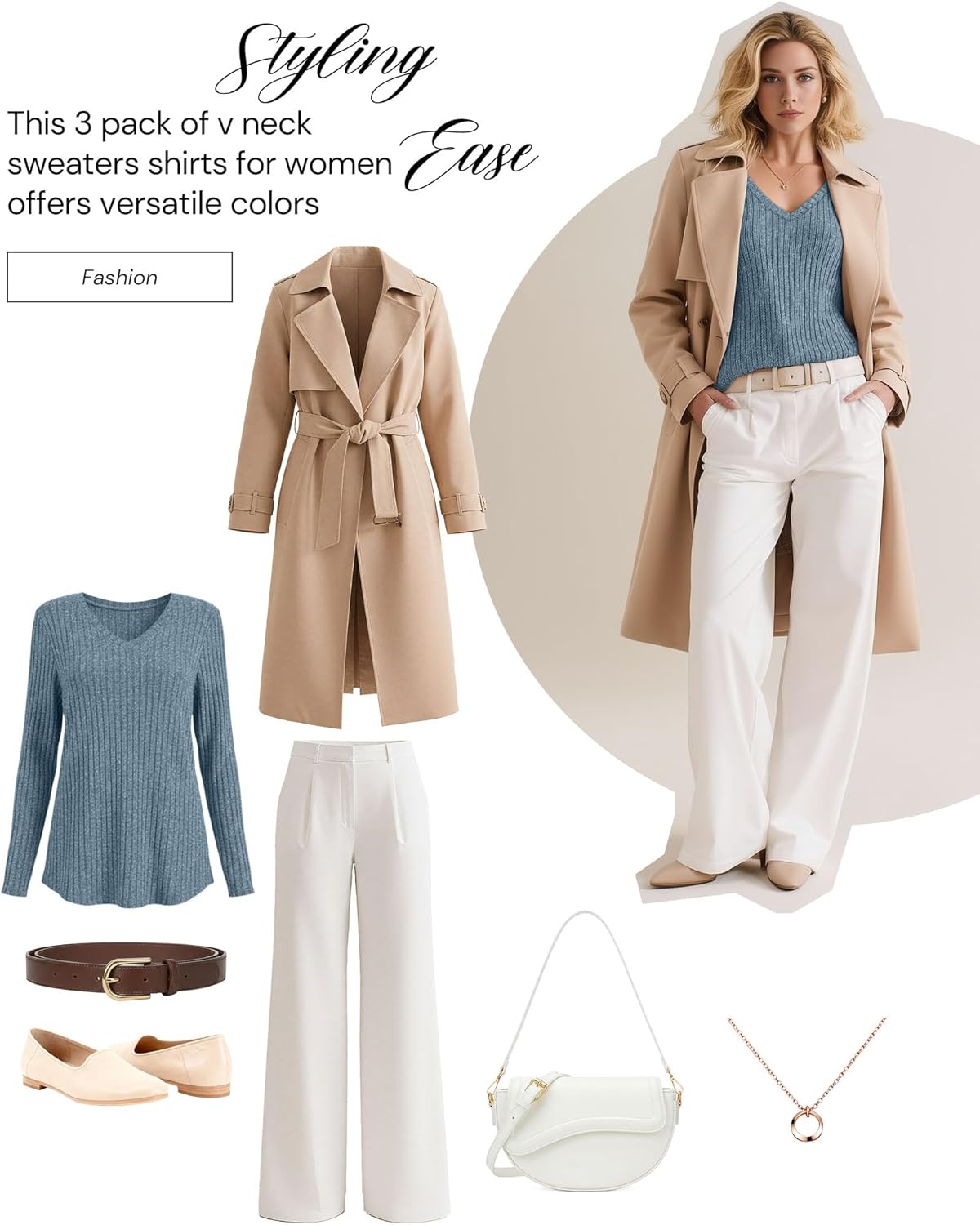 3 Pack Women's Long Sleeve Sweaters V Neck Curved Hem Tunic Tops Loose Fit Casual Basic Fall Sweaters Shirts - Image 4