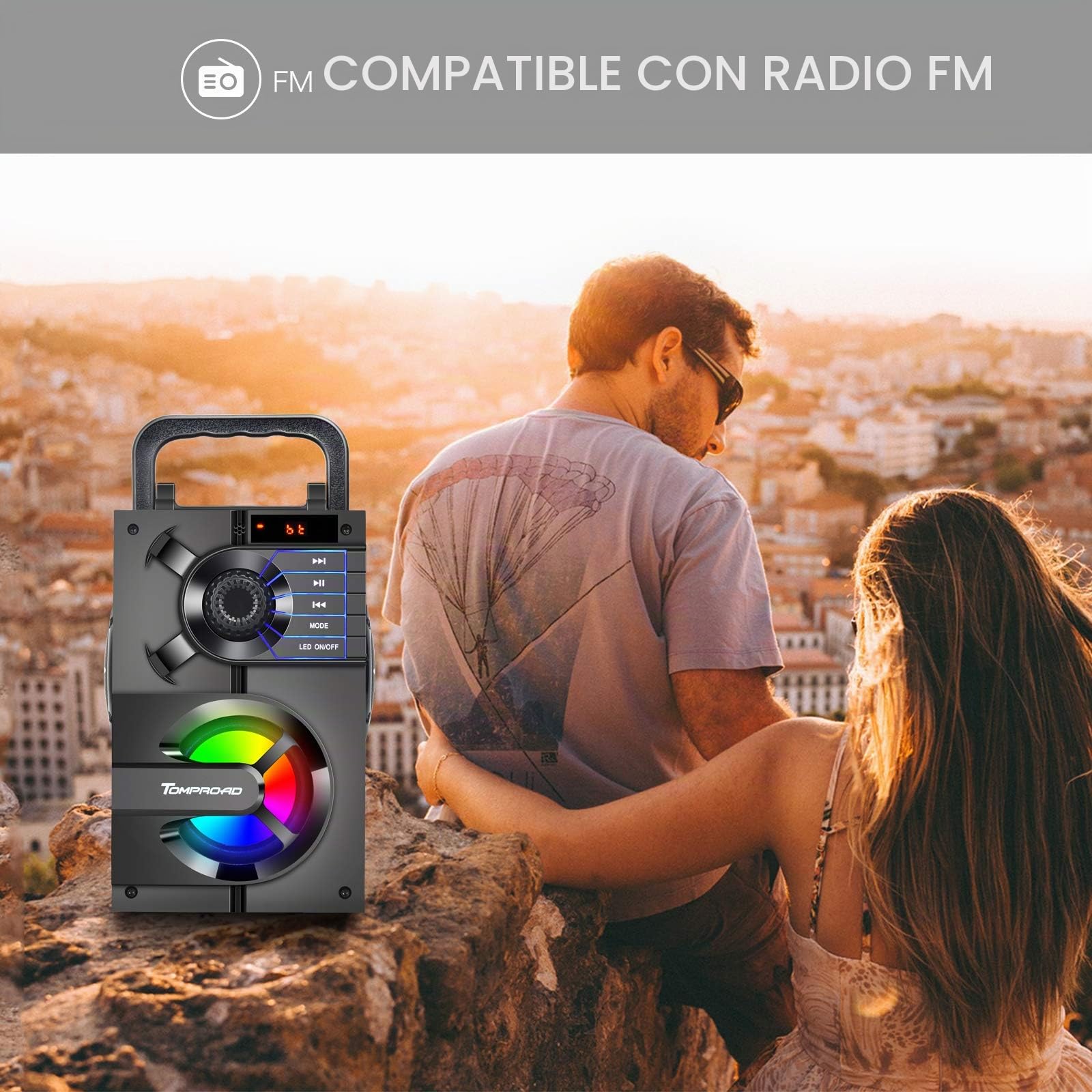 TOMPROAD Altavoz Bluetooth, caja Bluetooth portátil con subwoofer, sonido estéreo inalámbrico, bajo profundo, altavoz para fiestas, compatible con radio FM, control remoto, luces LED (Negro)