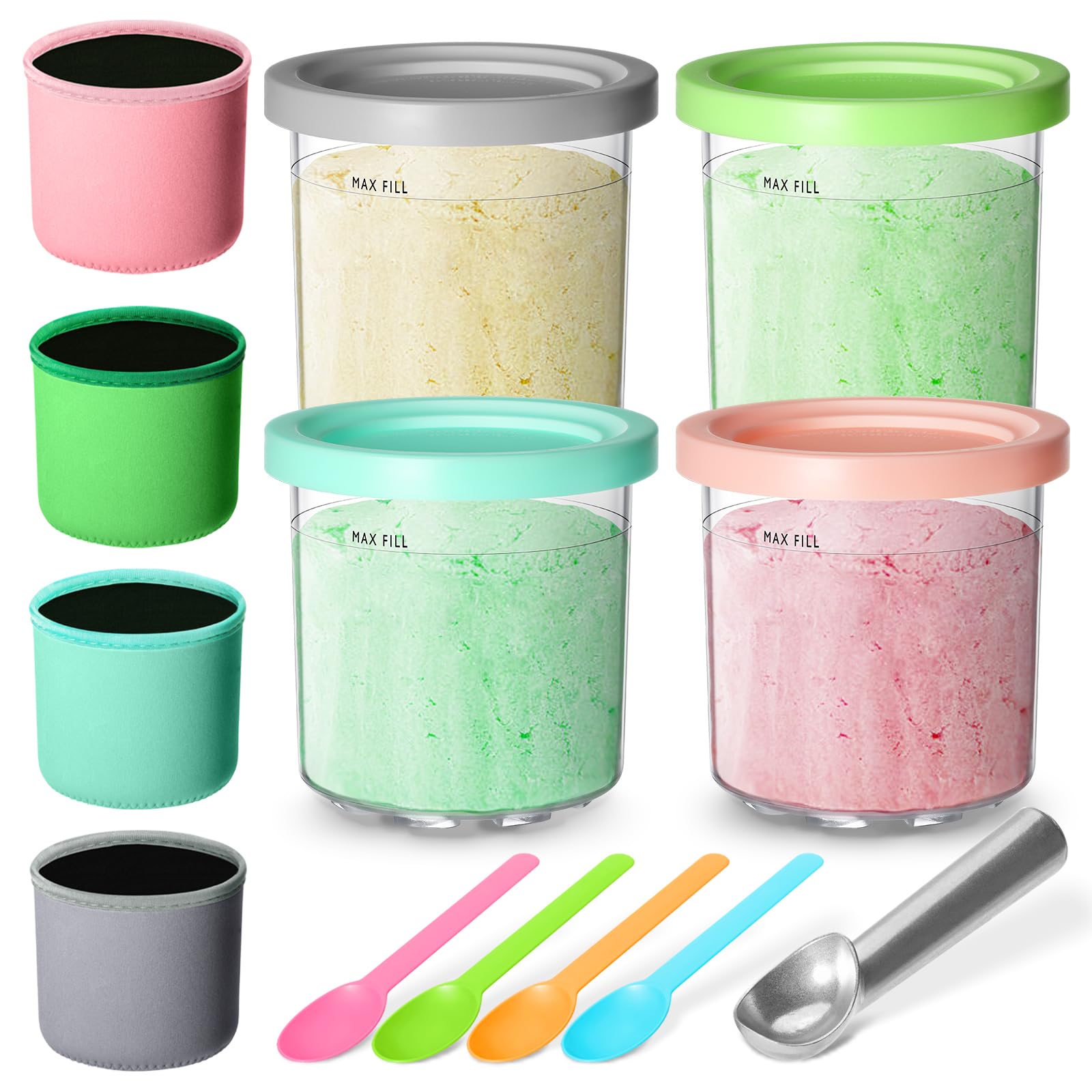 3 Containers Replacement for Ninja Creami Pints and Lids, 16oz Ice Cream Cups Compatible with Ninja Creami NC299AMZ NC300s Series Maker, for Ninja Ice Cream with Insulated Sleeves(4 Pack)