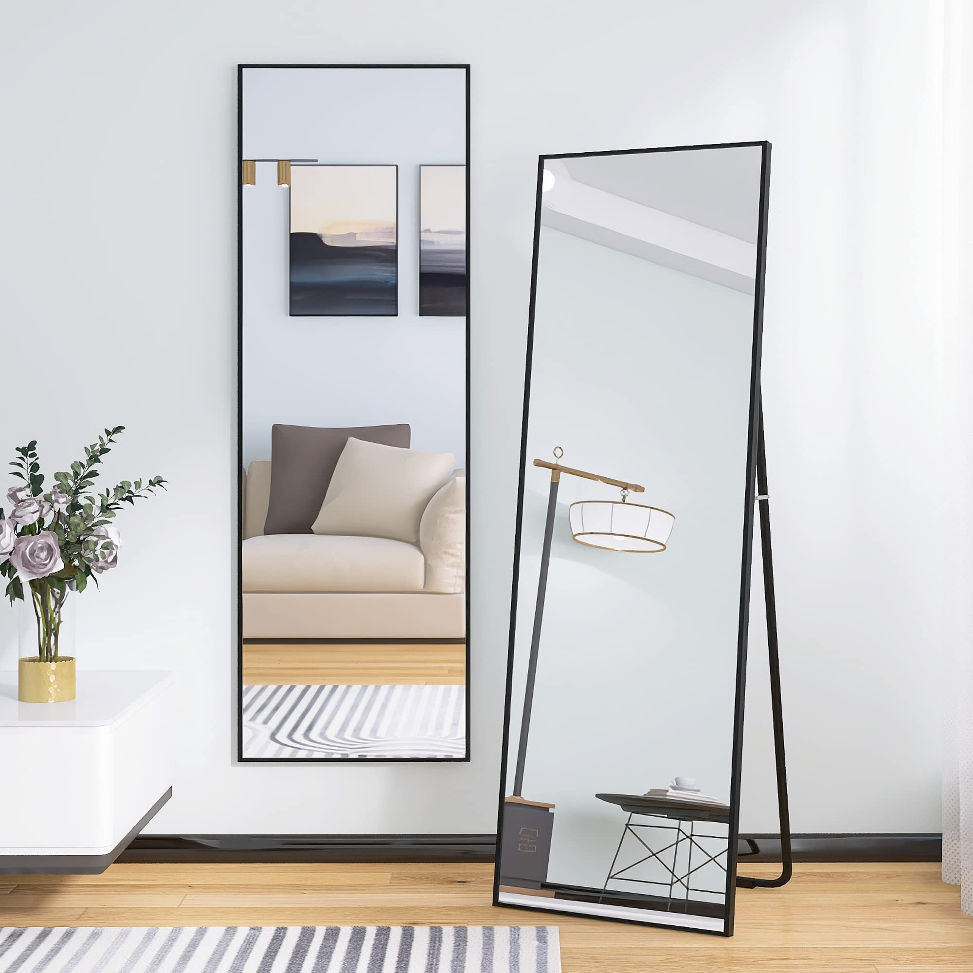 Beauty4U 59" x 20" Full Length Mirror with Stand, Black Wall Mounting Full Body Mirror, Metal Frame Full-Length Mirror for Living Room, Bedroom